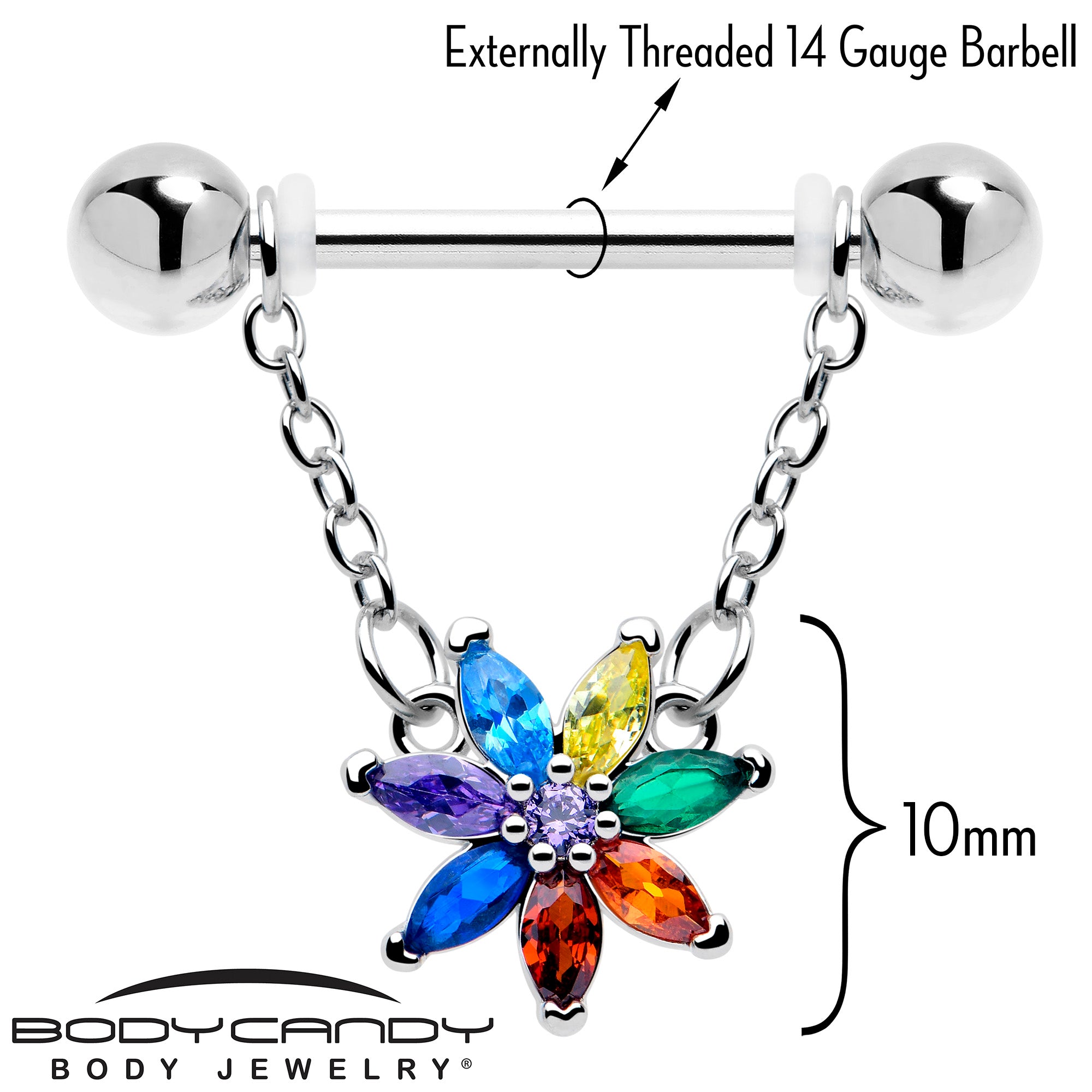 rainbow flower nipple rings with chain dangle