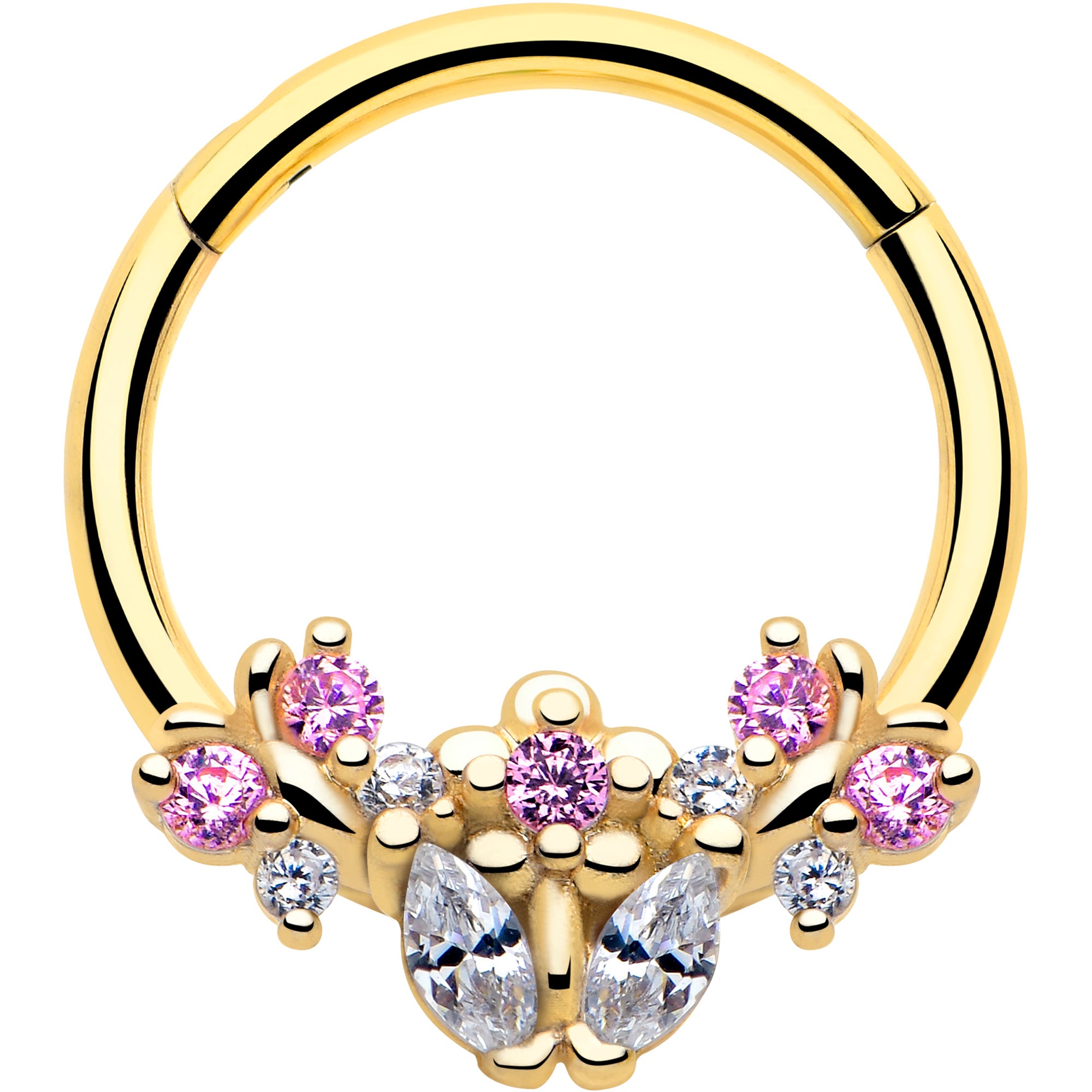 16g clear pink cz flower hinged segment ring