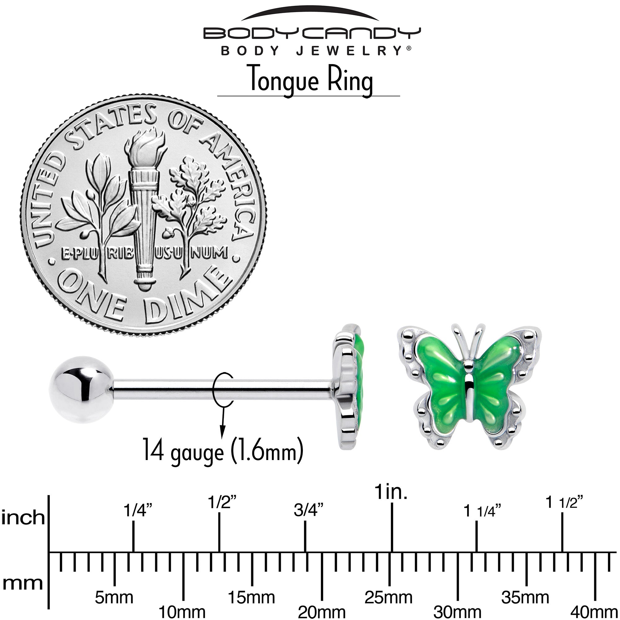 green acrylic butterfly tongue piercing ring
