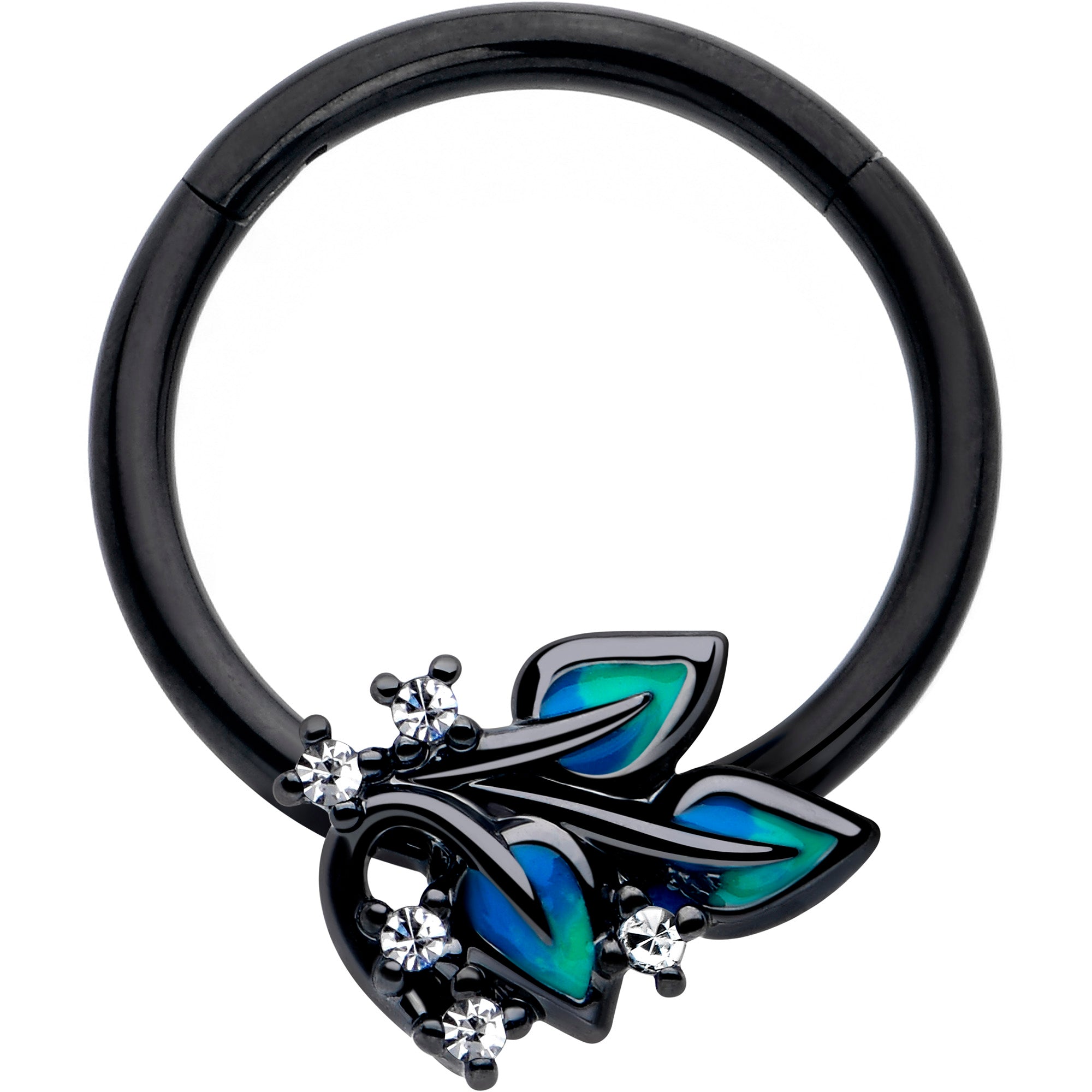 16G clear CZ gem black leaves hinged segment ring