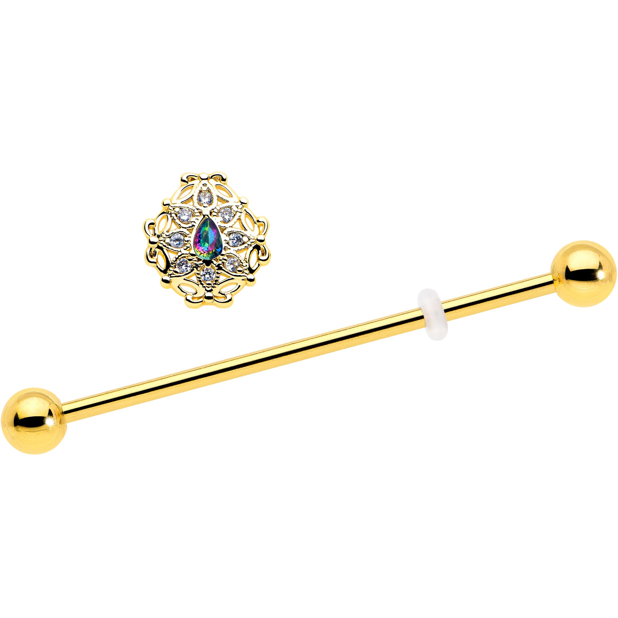 Gold tone flower bloom industrial barbell with vitrail gem