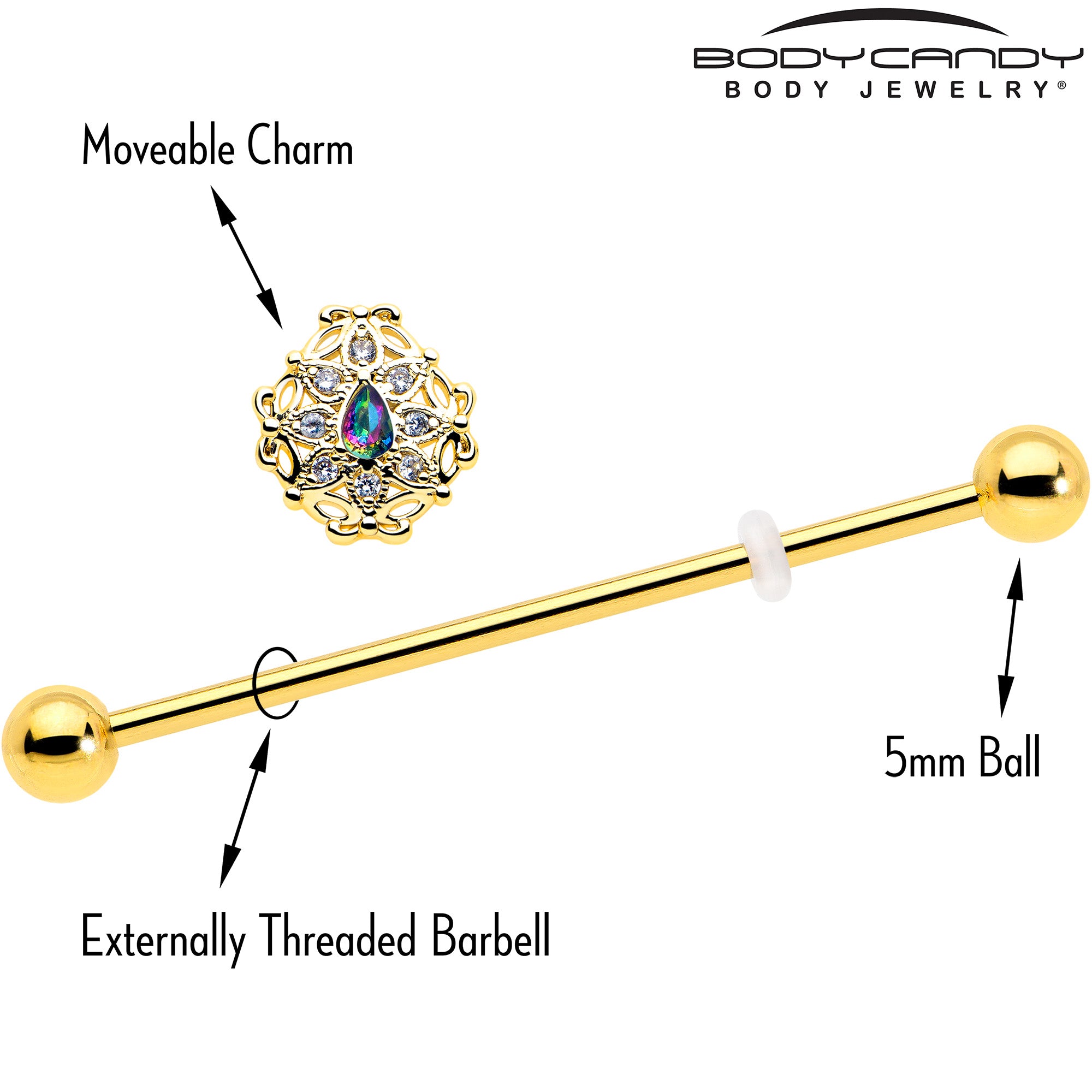 Hypoallergenic gold floral industrial piercing barbell 14 gauge