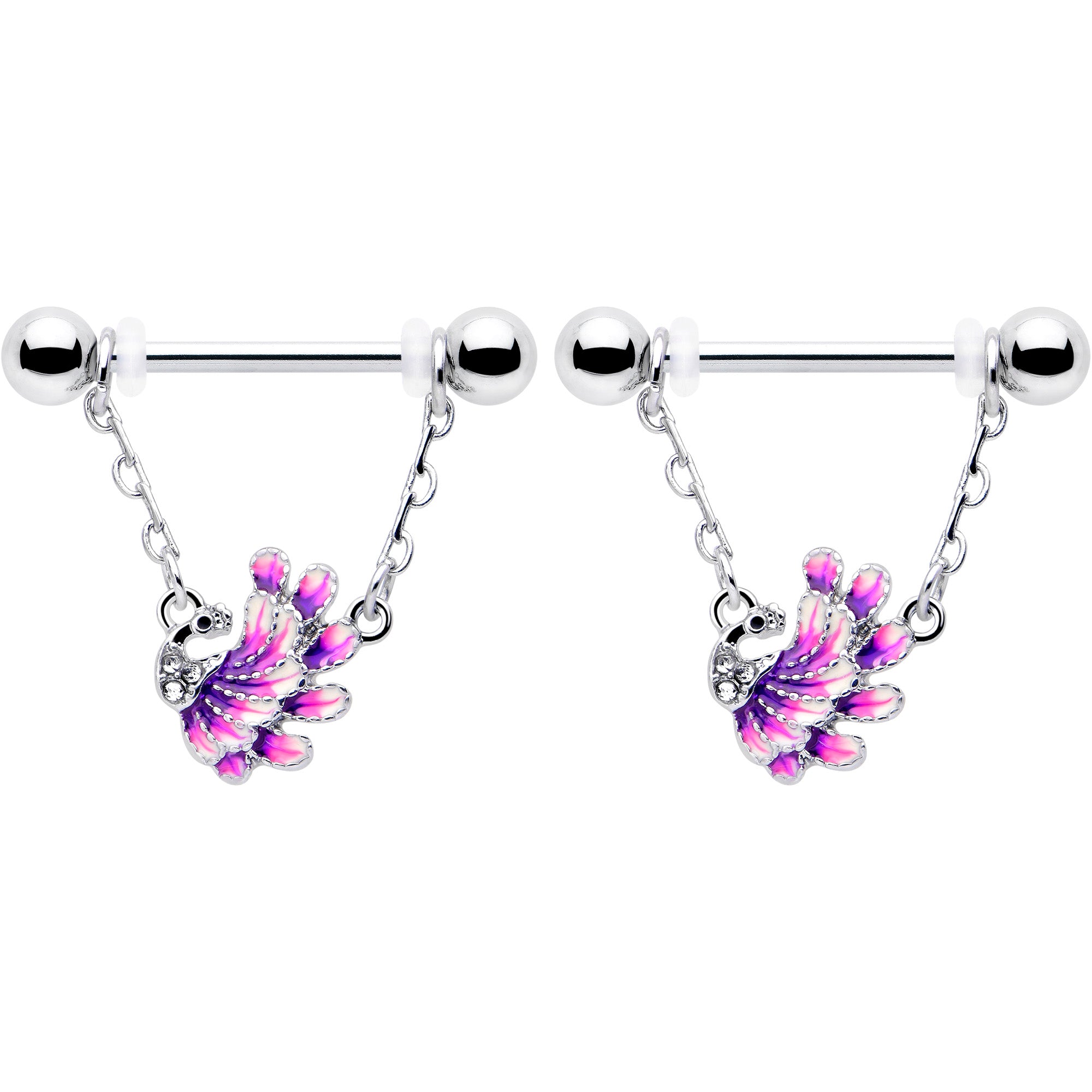 14 Gauge 9/16 Clear Gem Peacock Purple Chain Dangle Nipple Ring Set