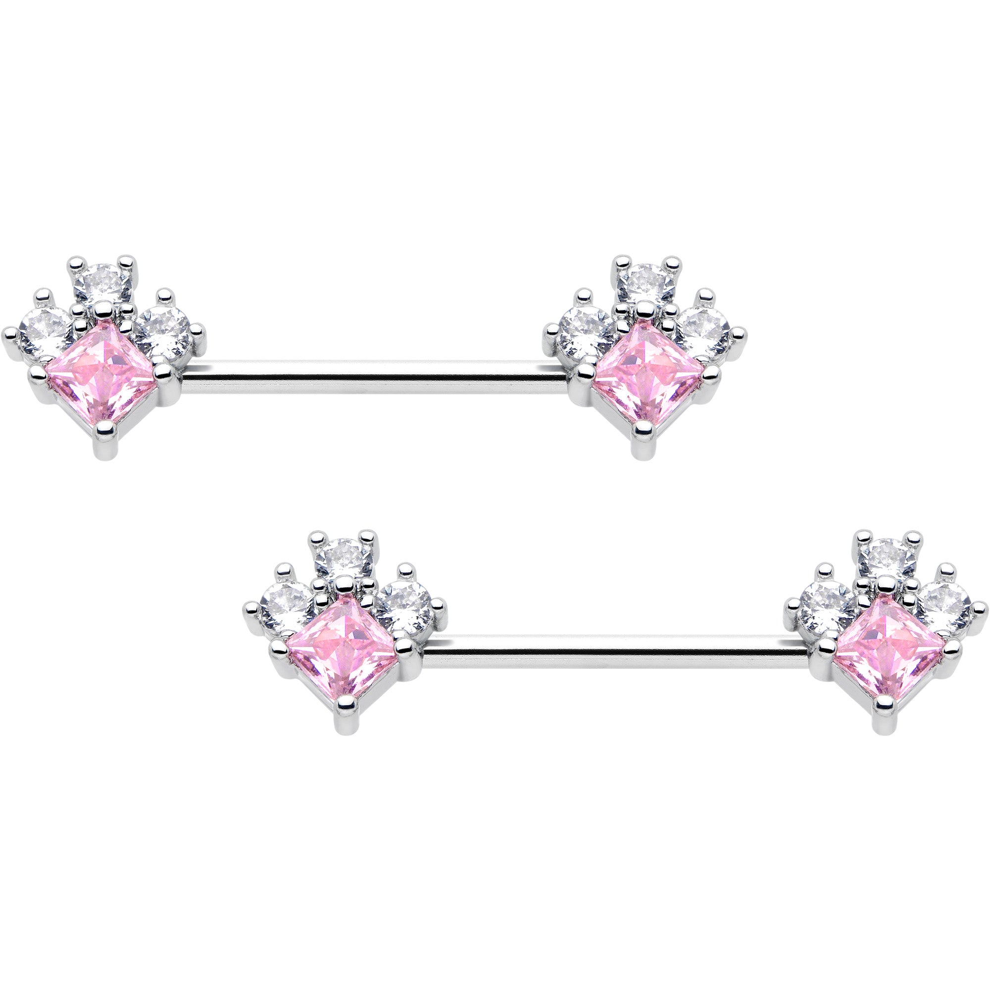 14 Gauge 9/16 Pink Clear CZ Gem Rhombus Barbell Nipple Ring Set