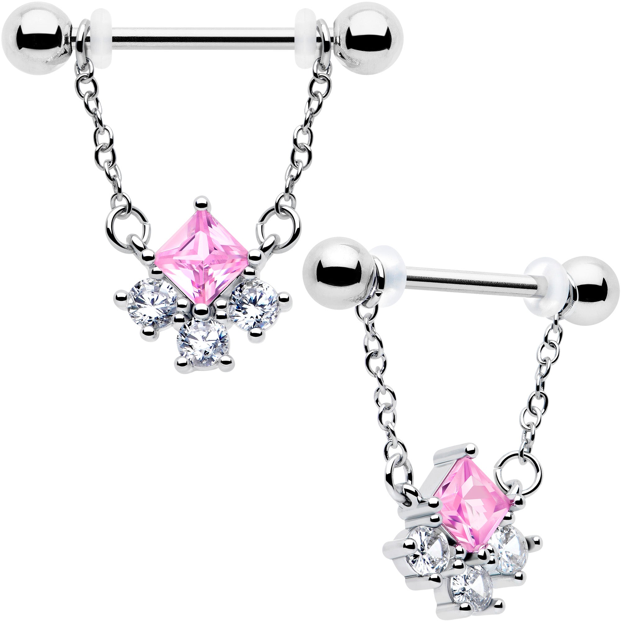 Pink CZ rhombus chain dangle nipple rings set 14G 9/16