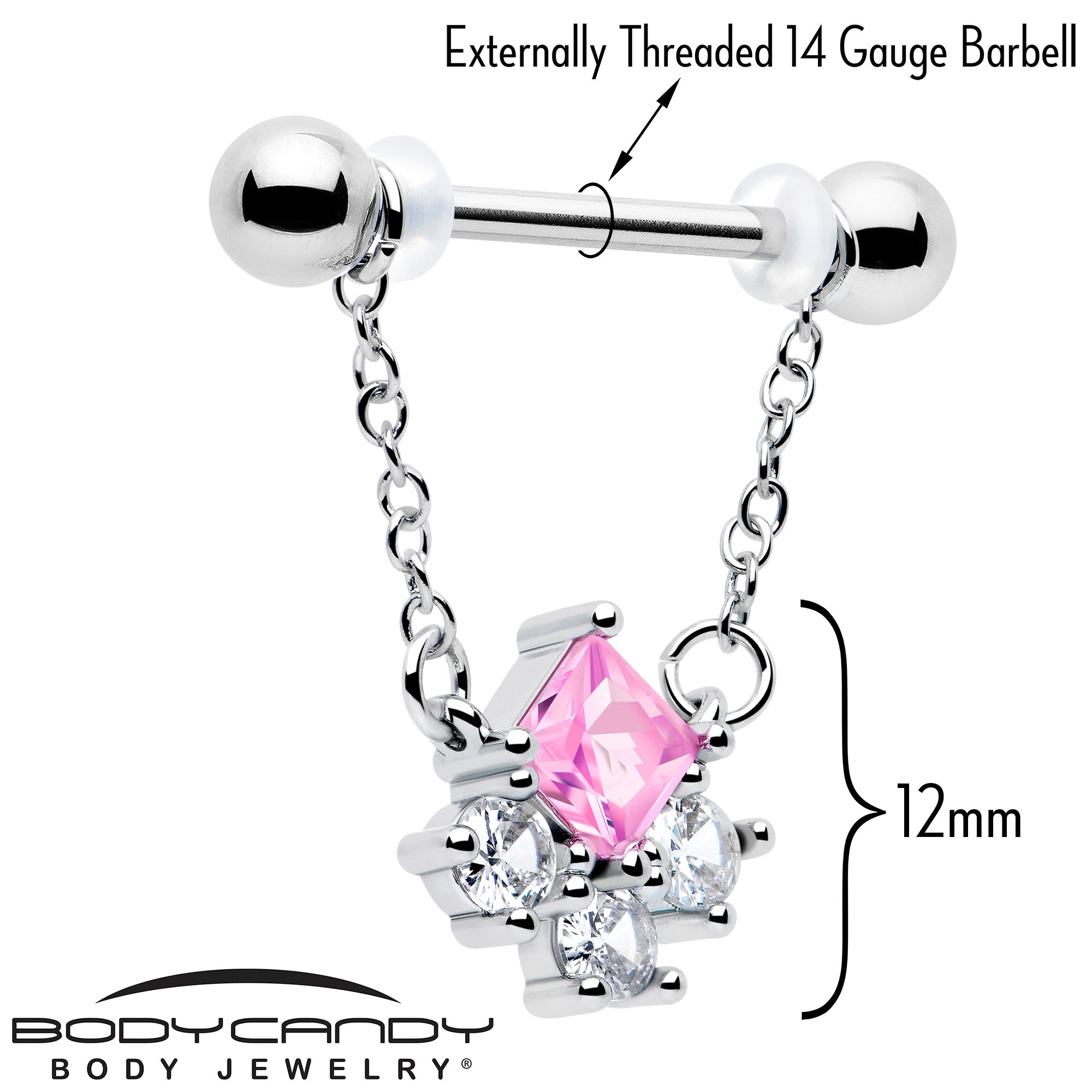 14 gauge 9/16 pink crystal dangle nipple ring pair