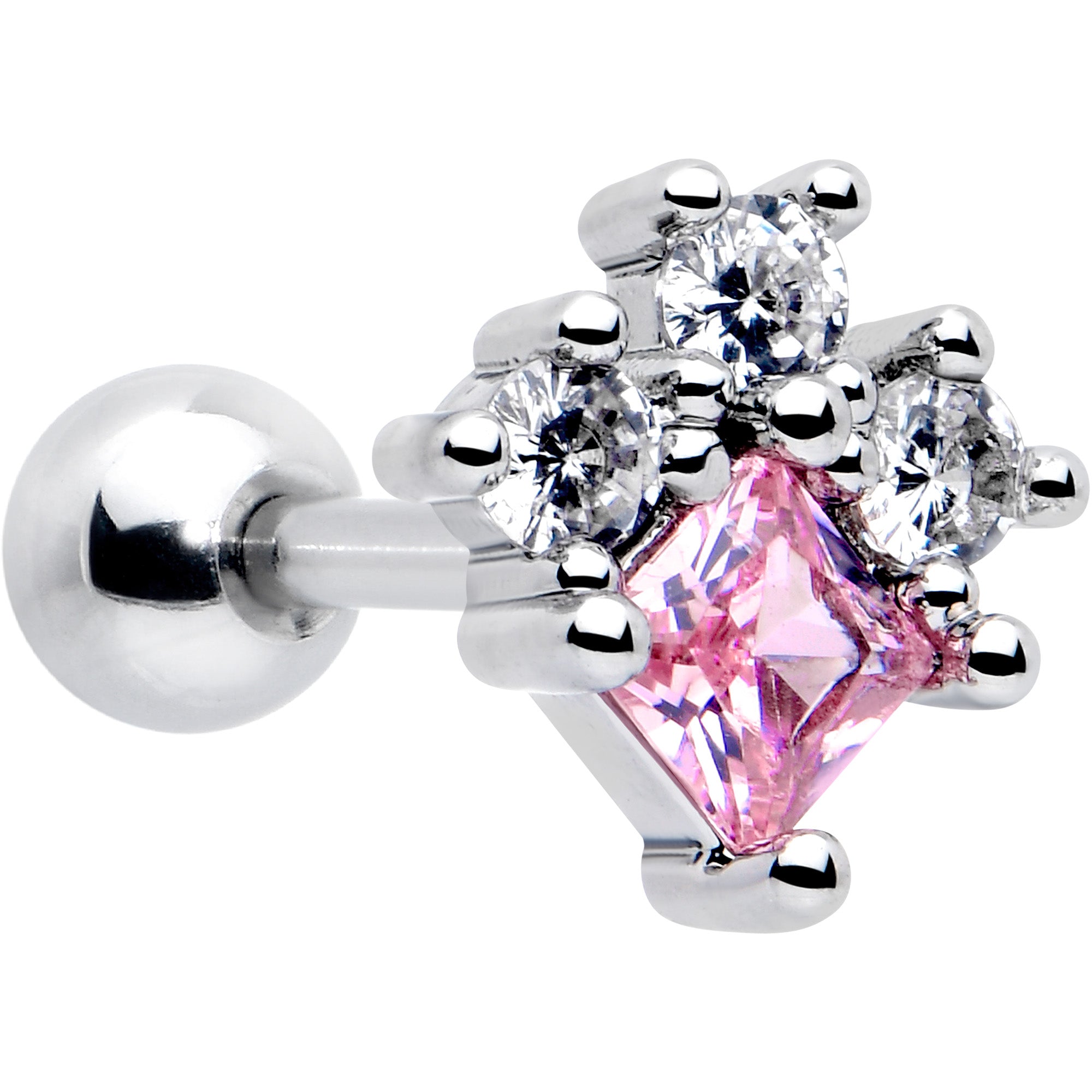 16 Gauge 1/4 Pink Clear CZ Gem Rhombus Cartilage Tragus Earring