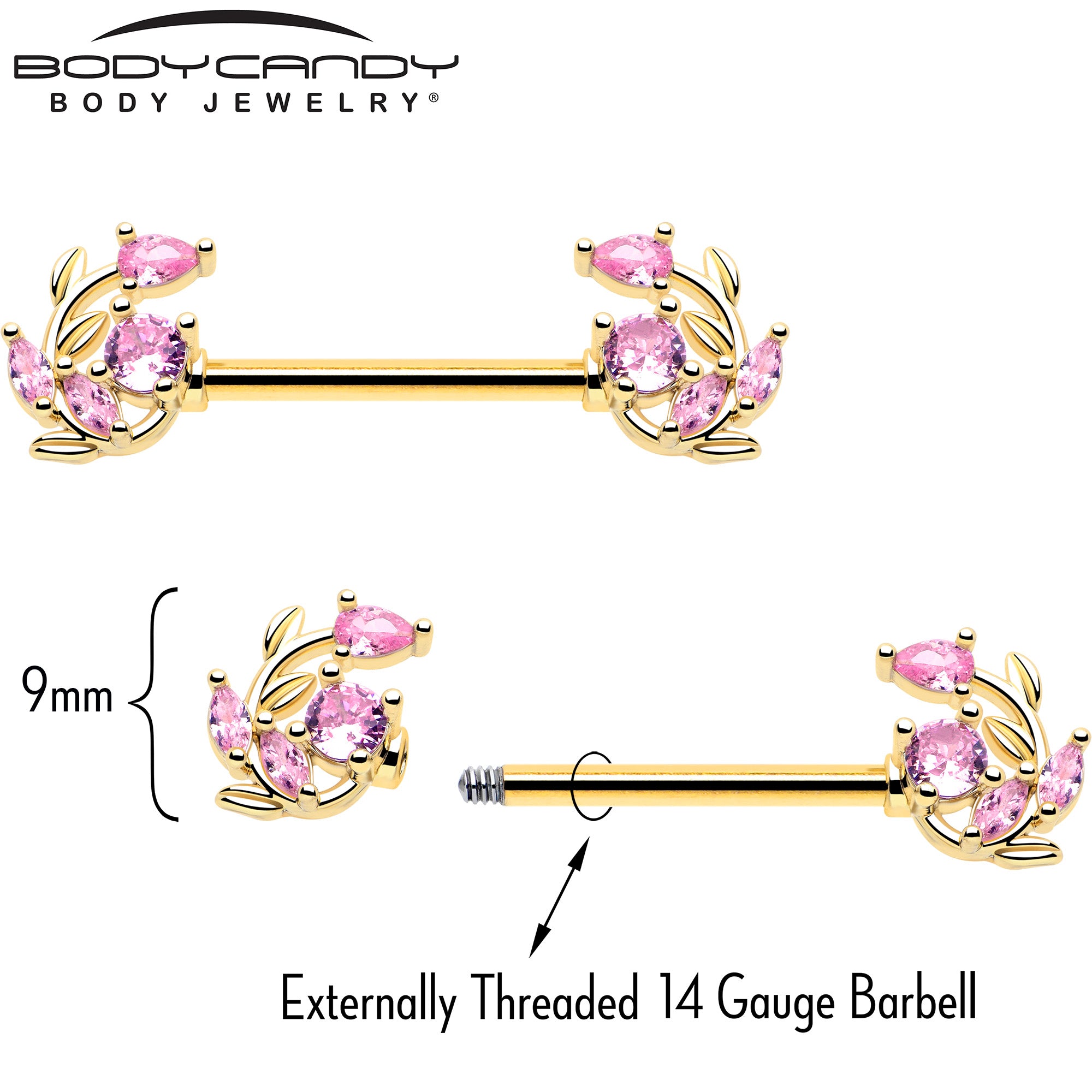 14G 9/16 pink gem vine design nipple barbell