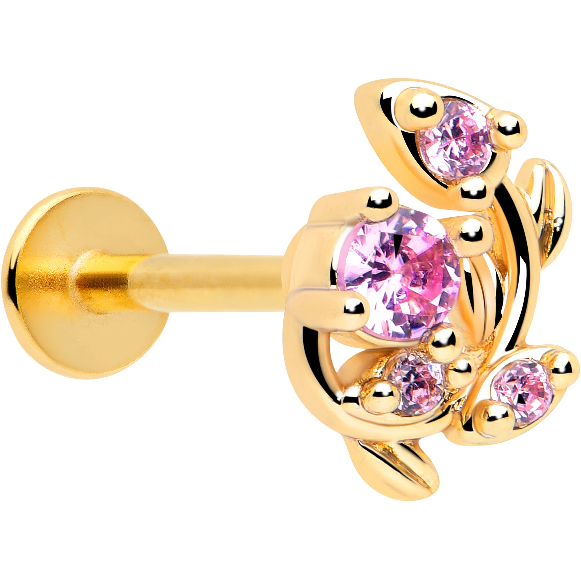 Pink gem gold tone twining vine labret stud
