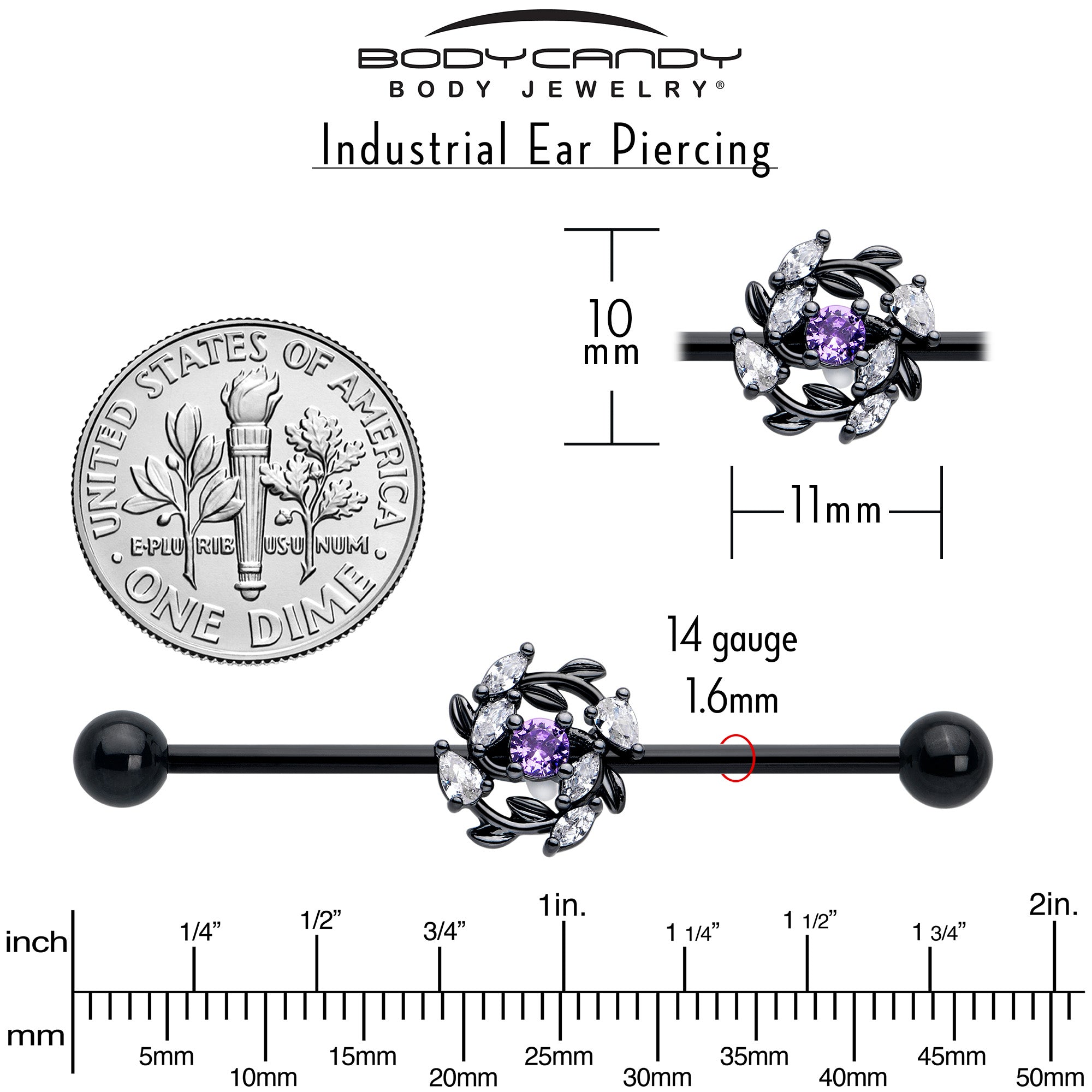 black clear accent vine industrial earring
