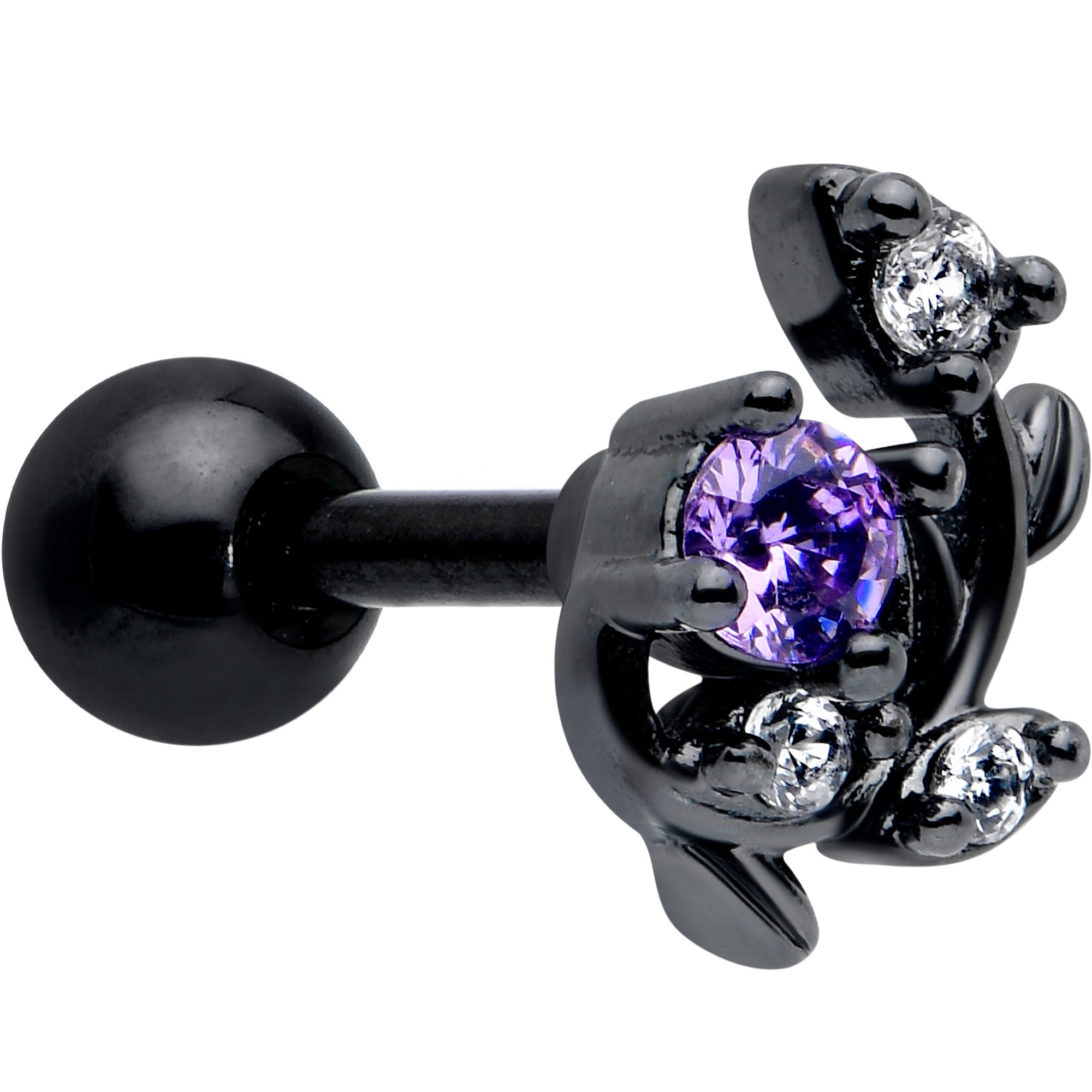 16 Gauge 1/4 Purple CZ Gem Black Twining Vine Cartilage Tragus Earring