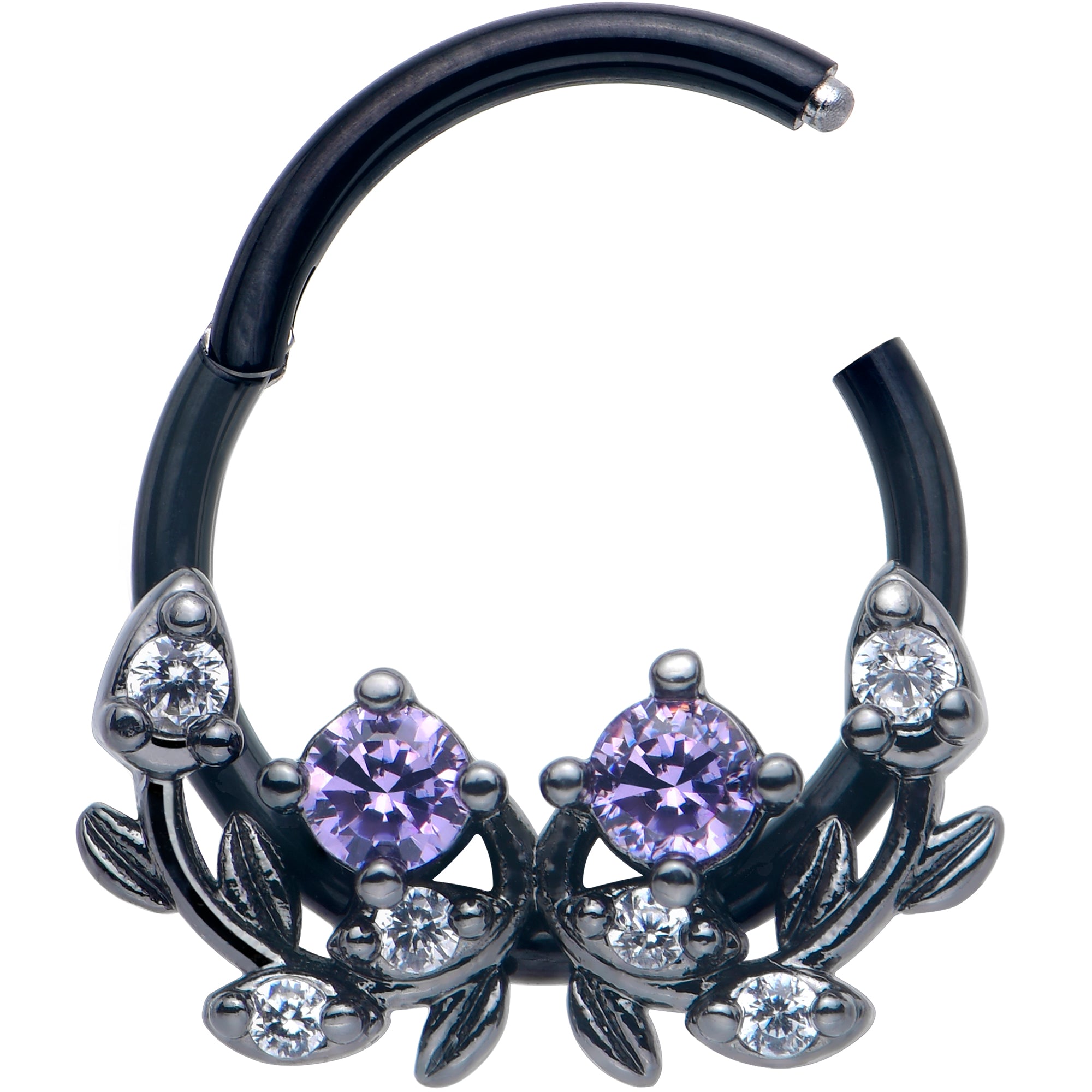 16 Gauge Black Twining Vine Hinged Segment Ring with Purple Gem