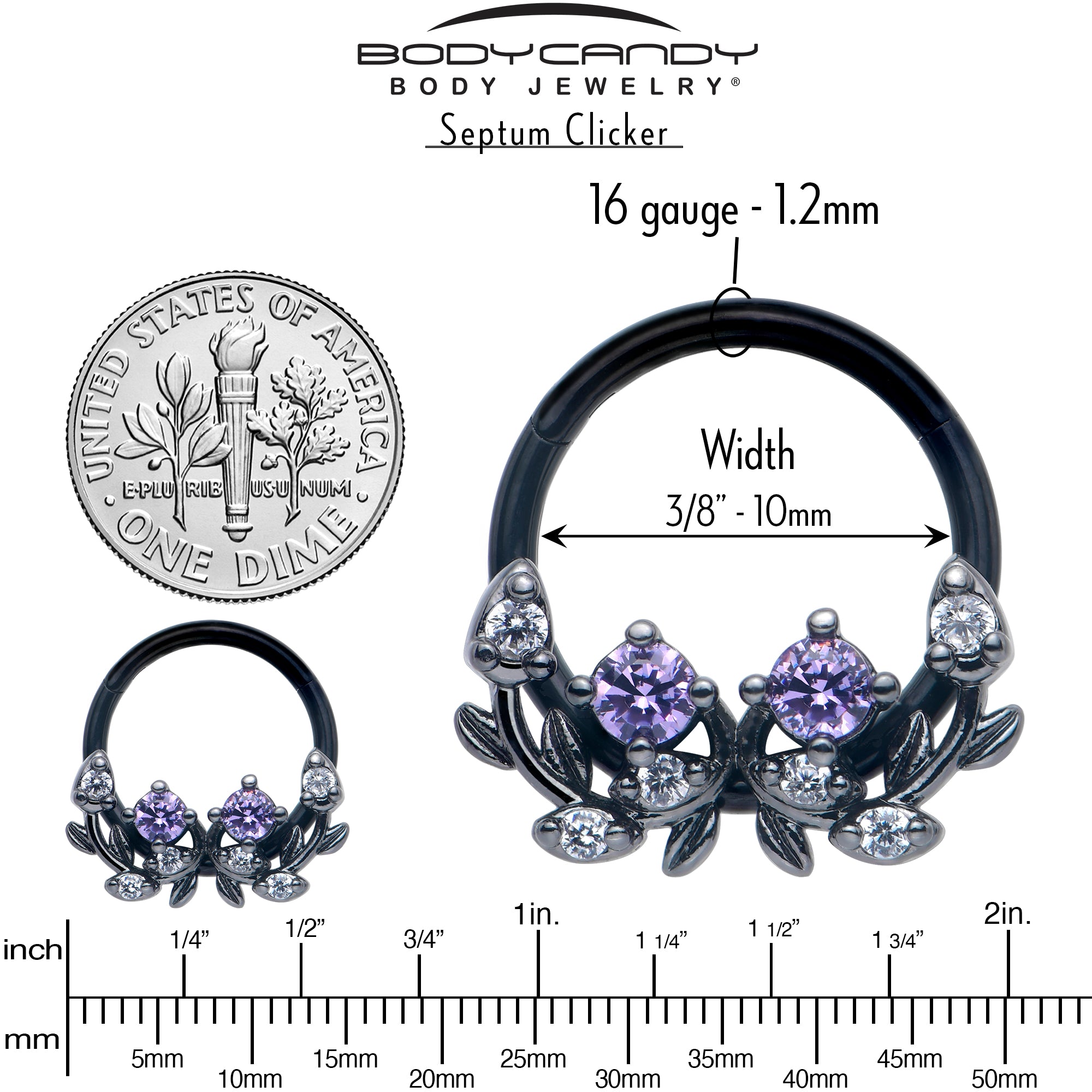 16G 3/8 Twining Vine Hinged Segment Ring with Purple Gem