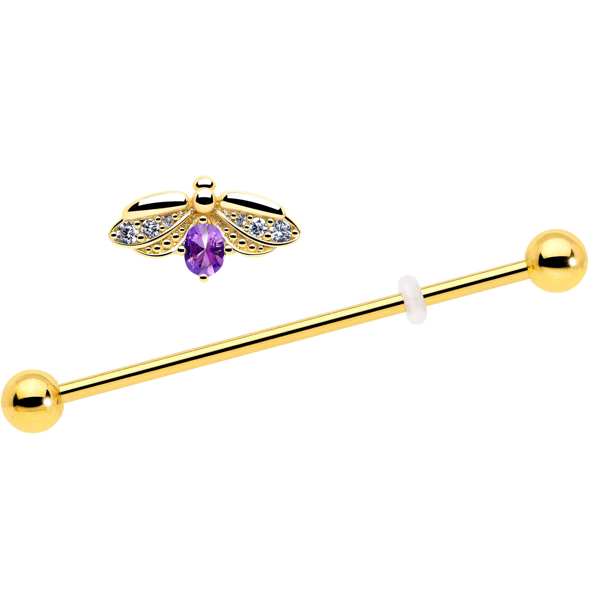 Gold tone industrial barbell with purple gem bug design