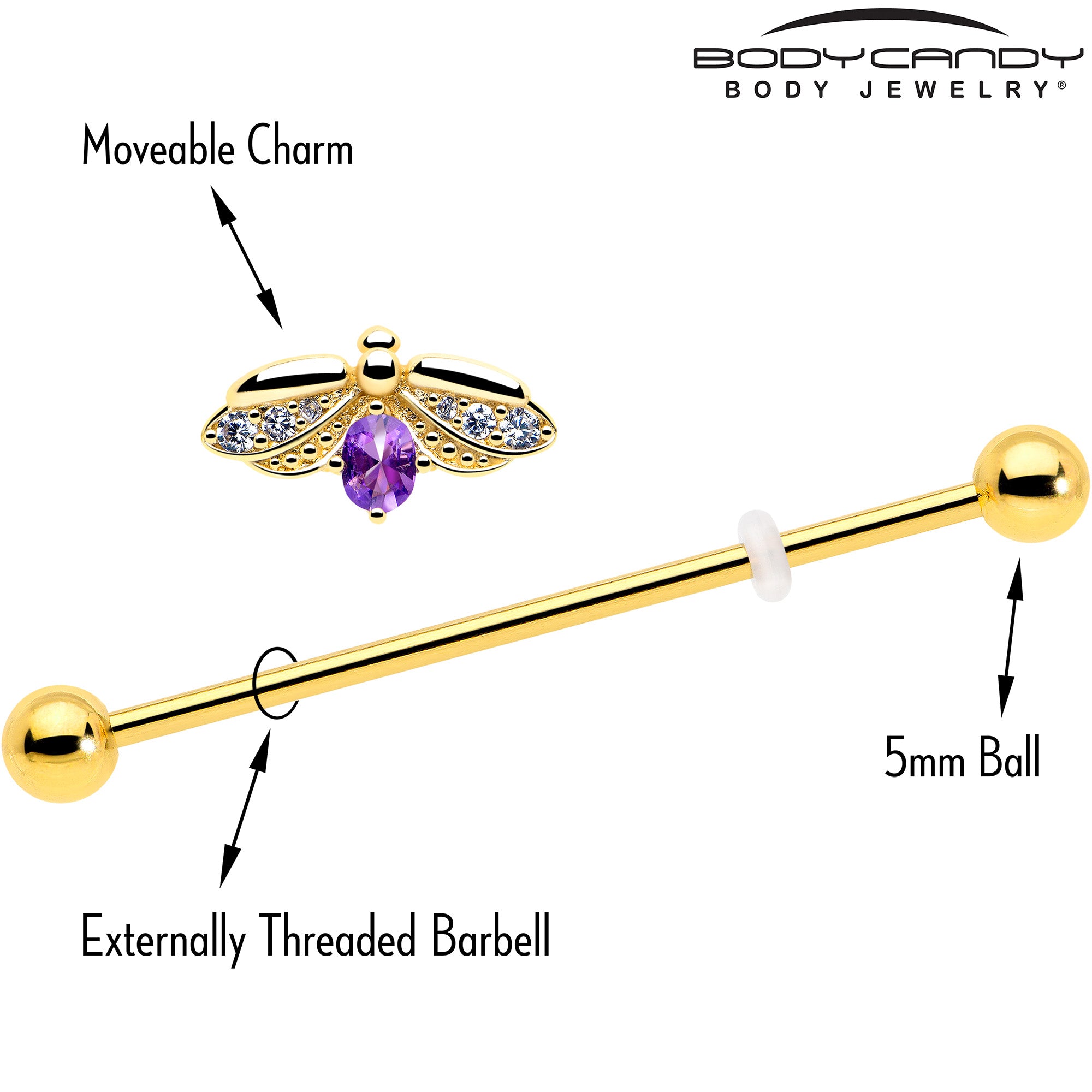 38mm industrial barbell with purple accent bug charm