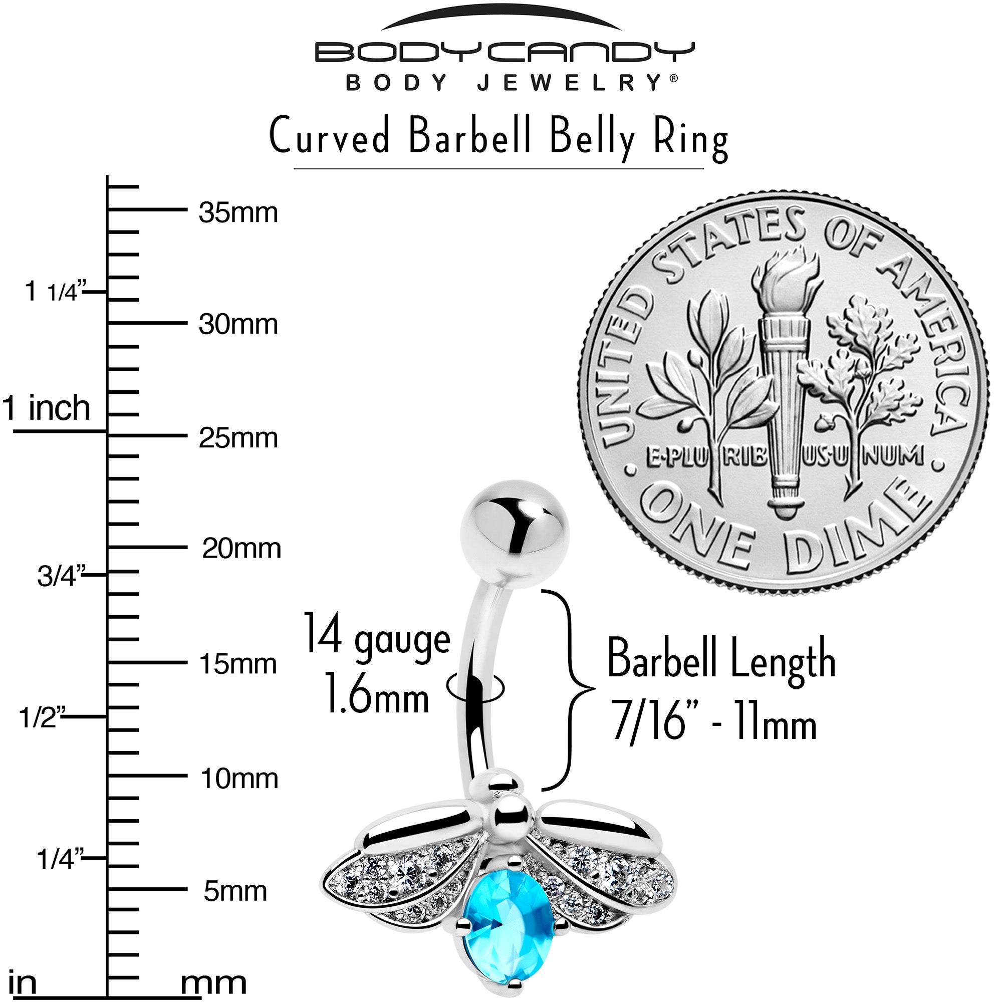 Hypoallergenic belly ring with clear blue bug charm