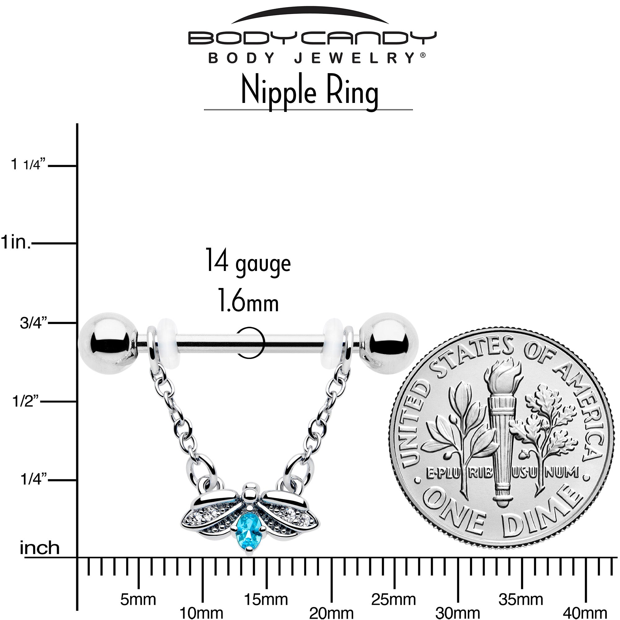 14g bug charm nipple piercing with chain design