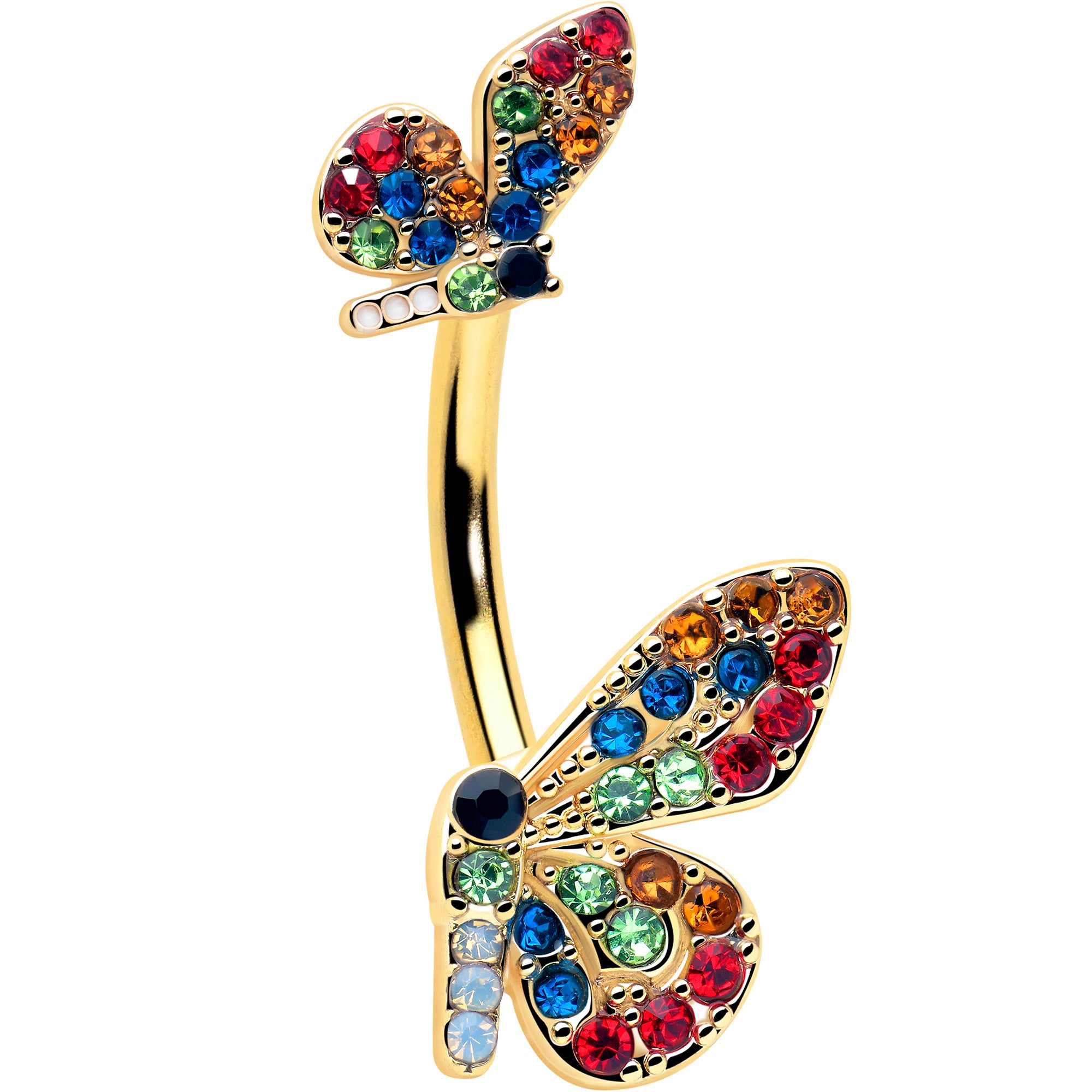 Red blue butterfly belly ring gold tone double mount design