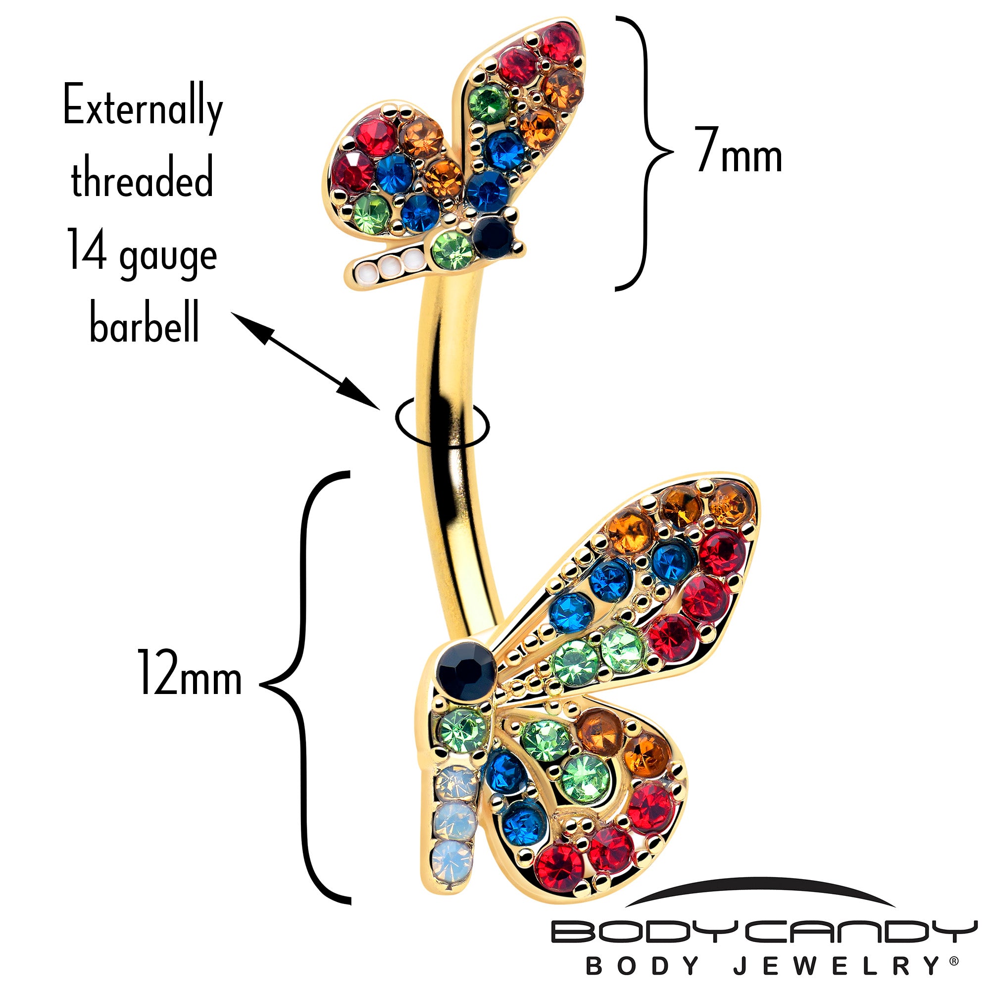 Gold tone belly button ring with red and blue butterfly