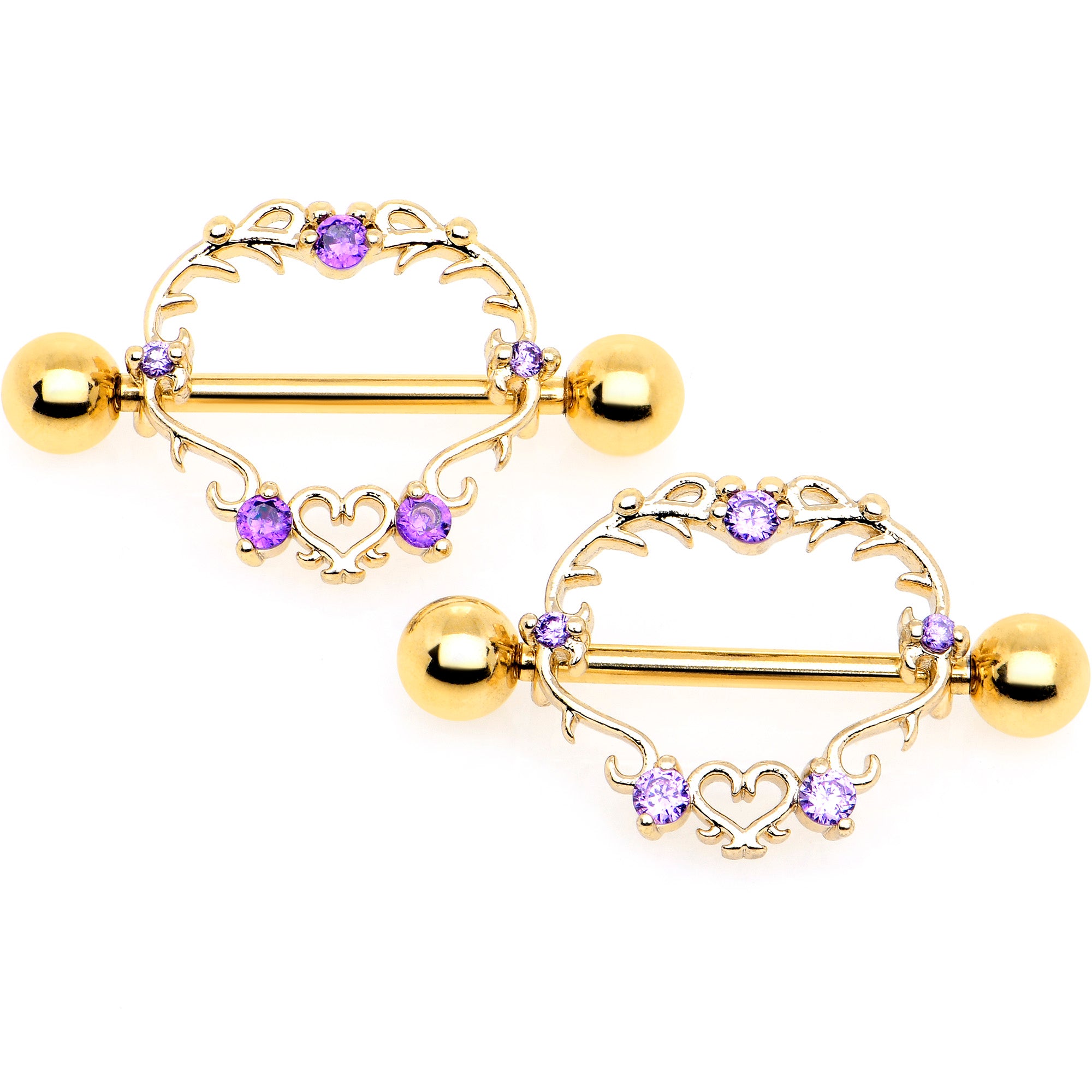 14 Gauge 9/16 Purple CZ Gem Gold Tone Heart Filigree Nipple Shield Set