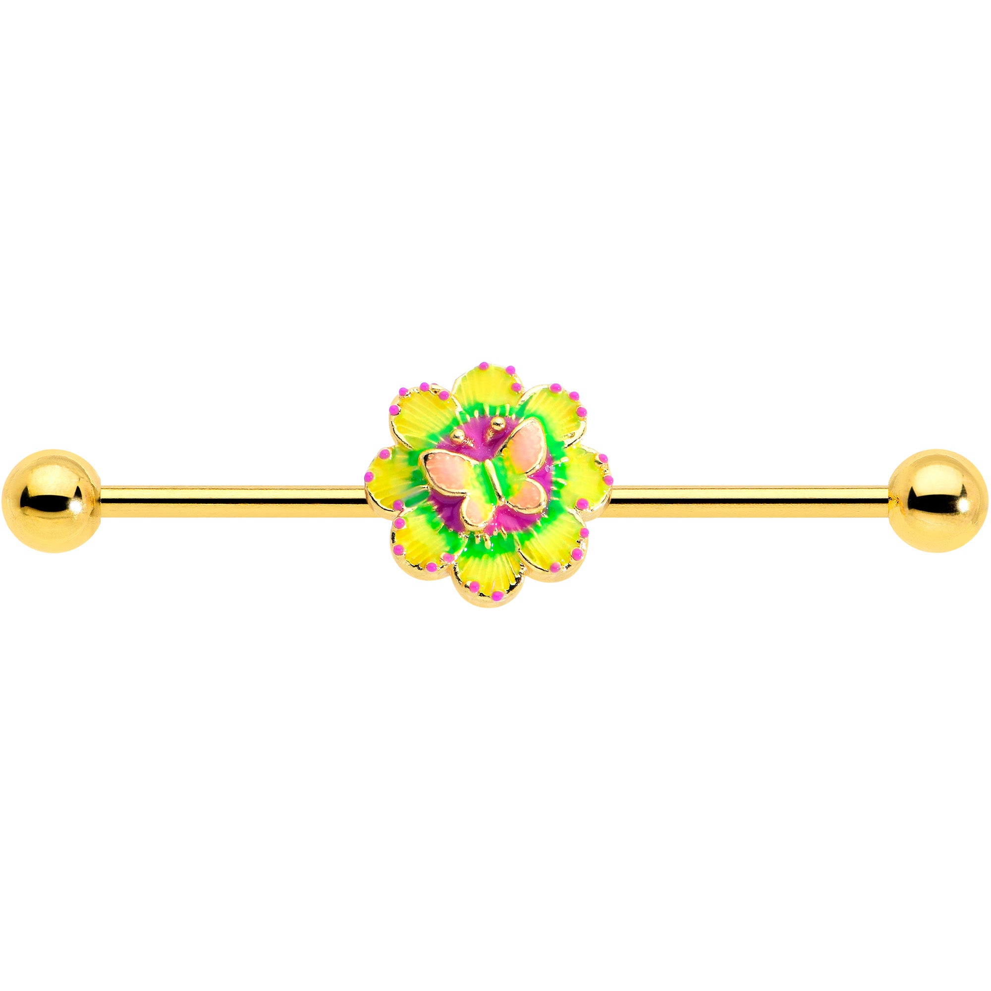 14G Gold Tone Tie Dye Butterfly Style Industrial Barbell 38mm