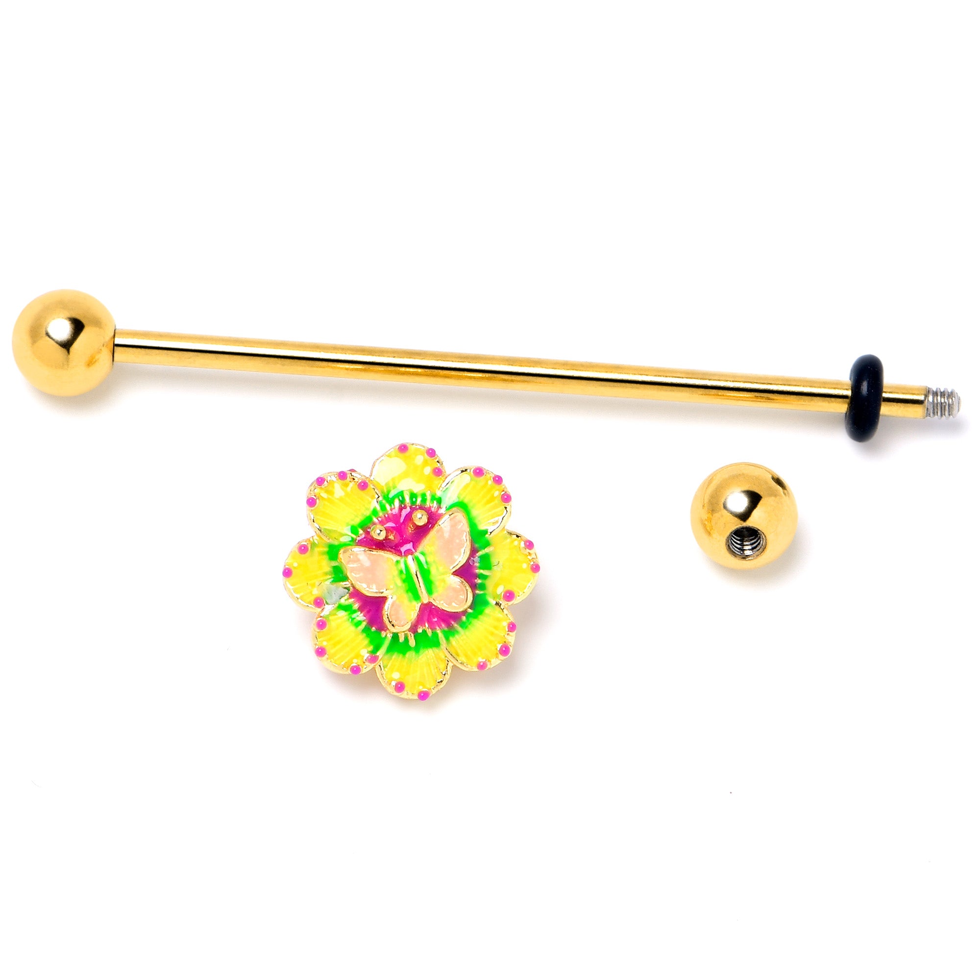 14G Gold Tone Tie Dye Butterfly Style Industrial Barbell 38mm