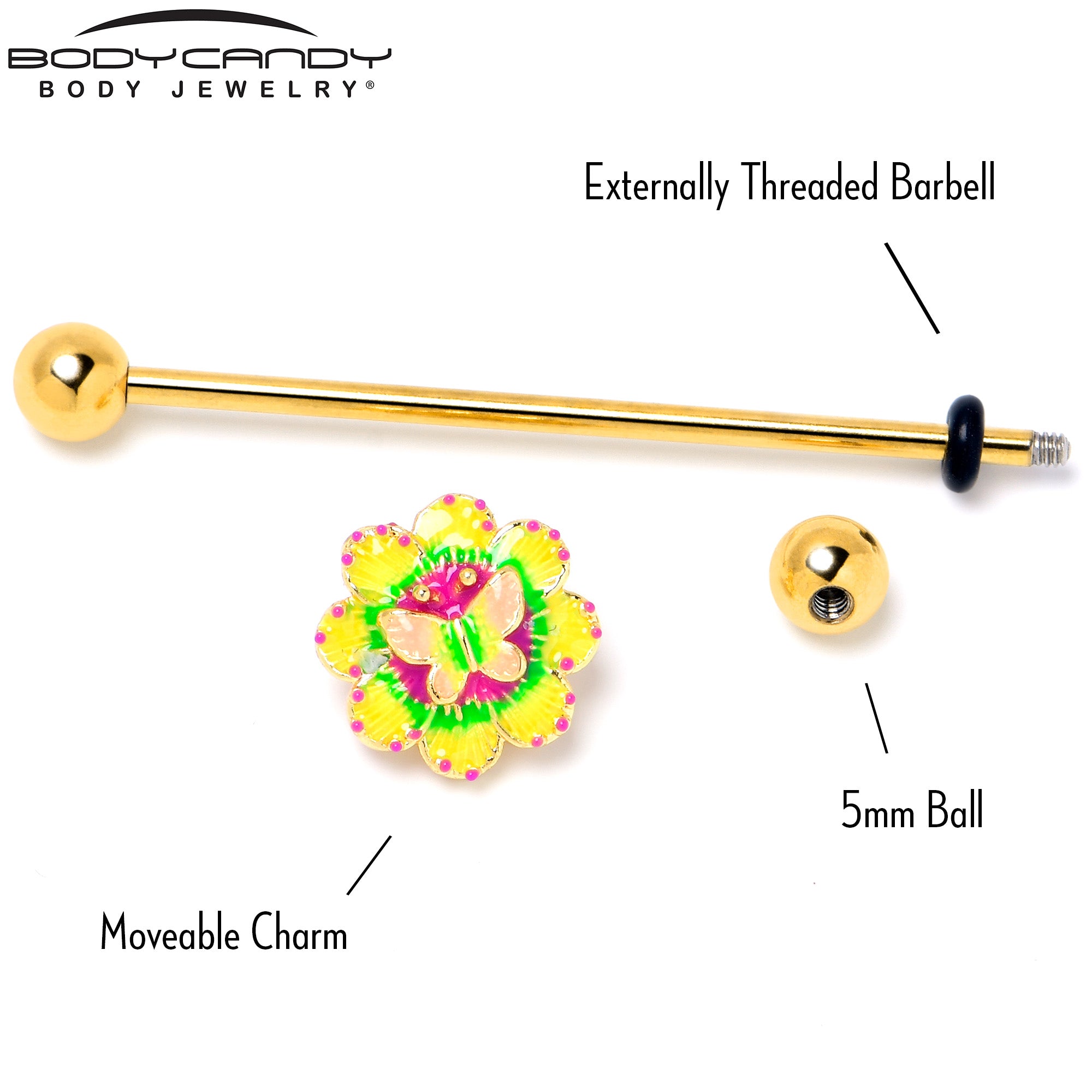 14G Gold Tone Tie Dye Butterfly Style Industrial Barbell 38mm