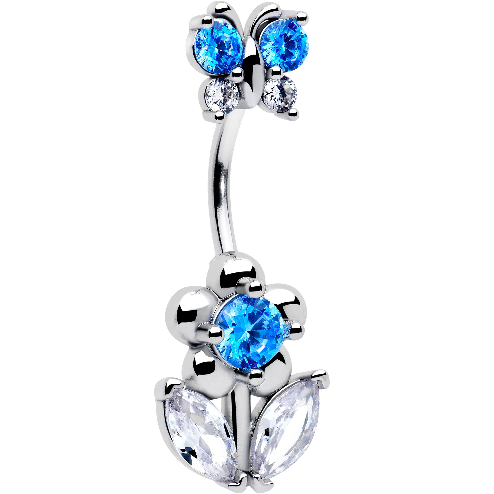 blue clear cz gem bead flower butterfly belly ring