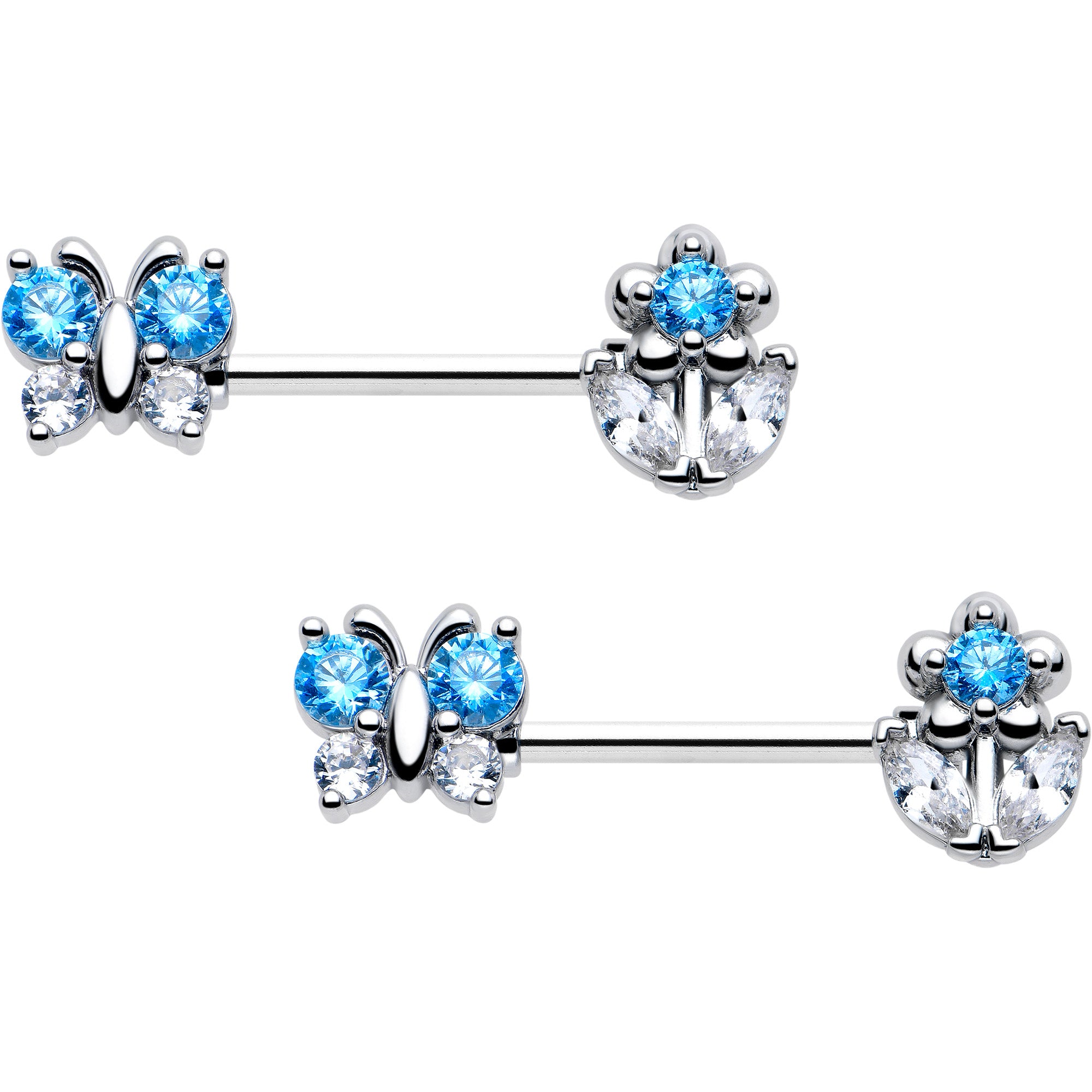 14 Gauge 9/16 Blue CZ Gem Butterfly Fantasy Barbell Nipple Ring Set