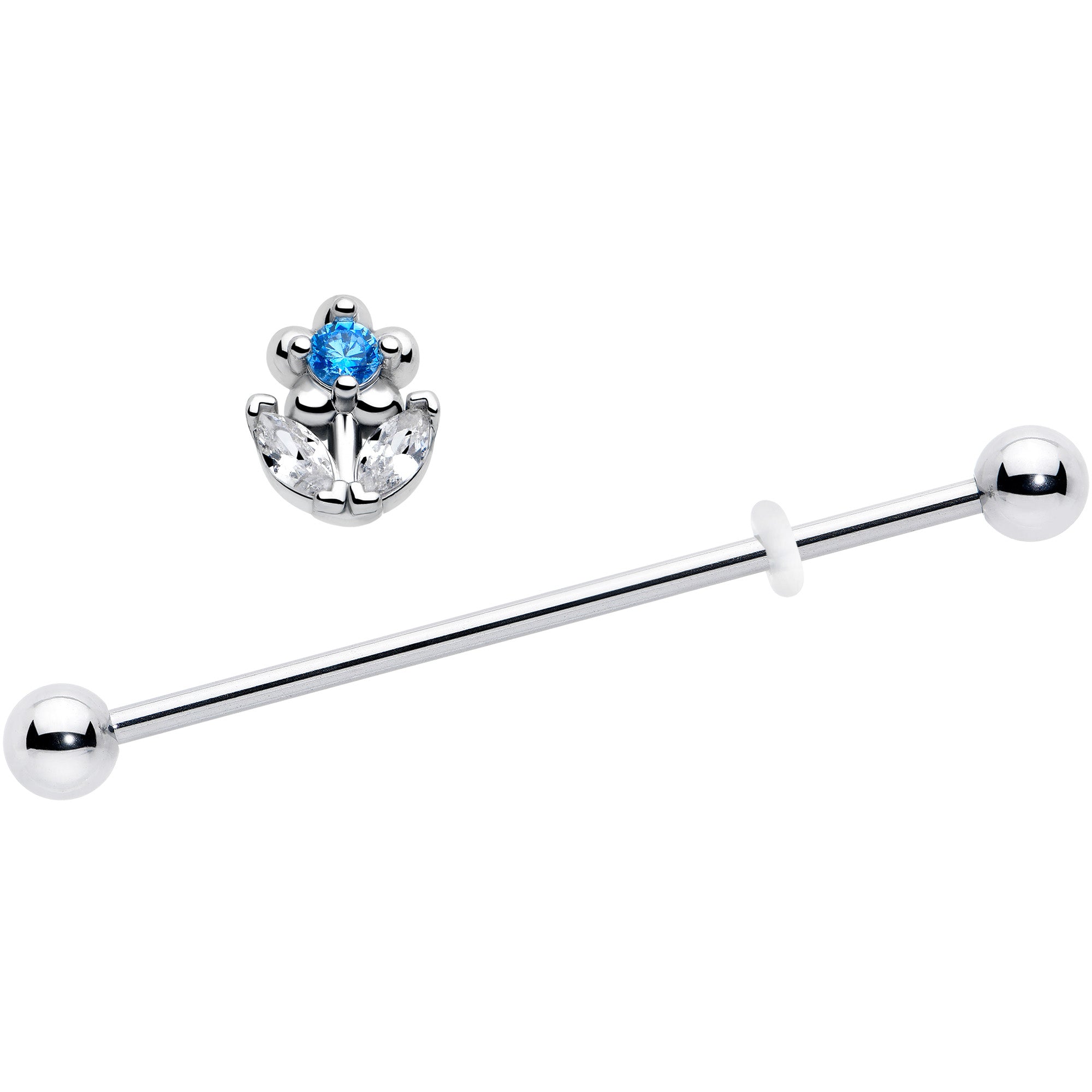 flower industrial barbell with blue clear cz beads