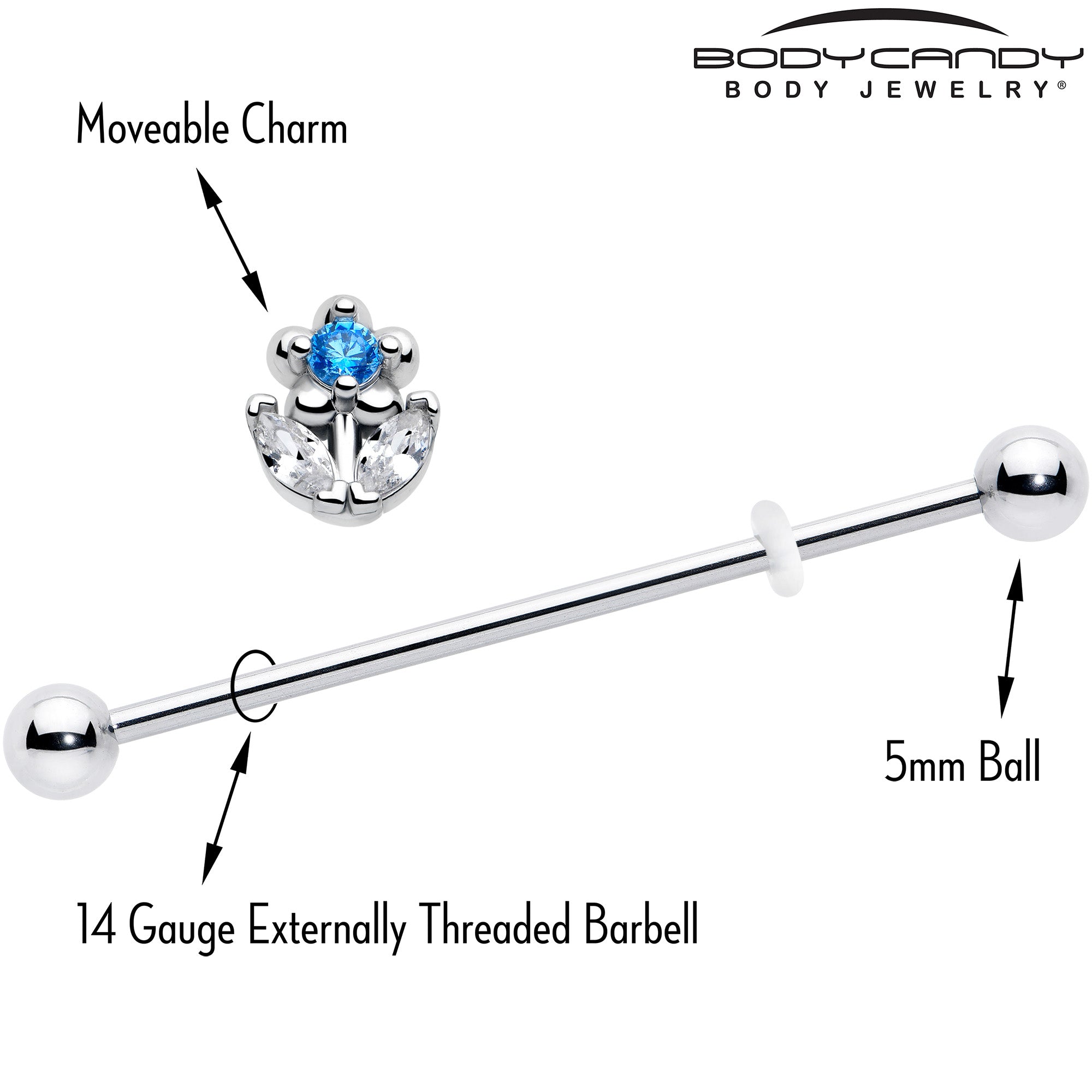 blue clear cz gem bead industrial ear barbell