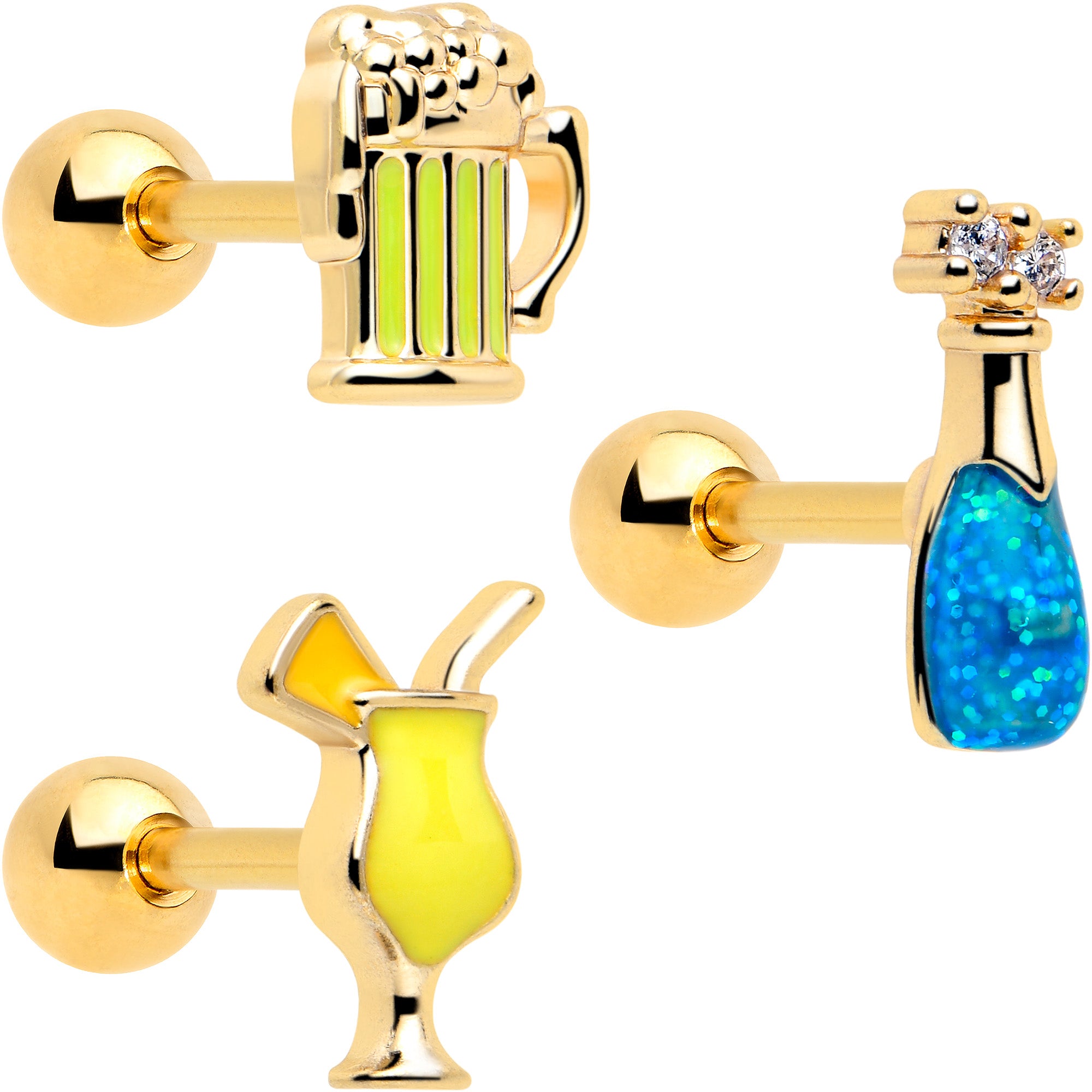 16 Gauge 1/4 Clear Gem Gold Tone Happy Hour Cartilage Earrings Set of 3