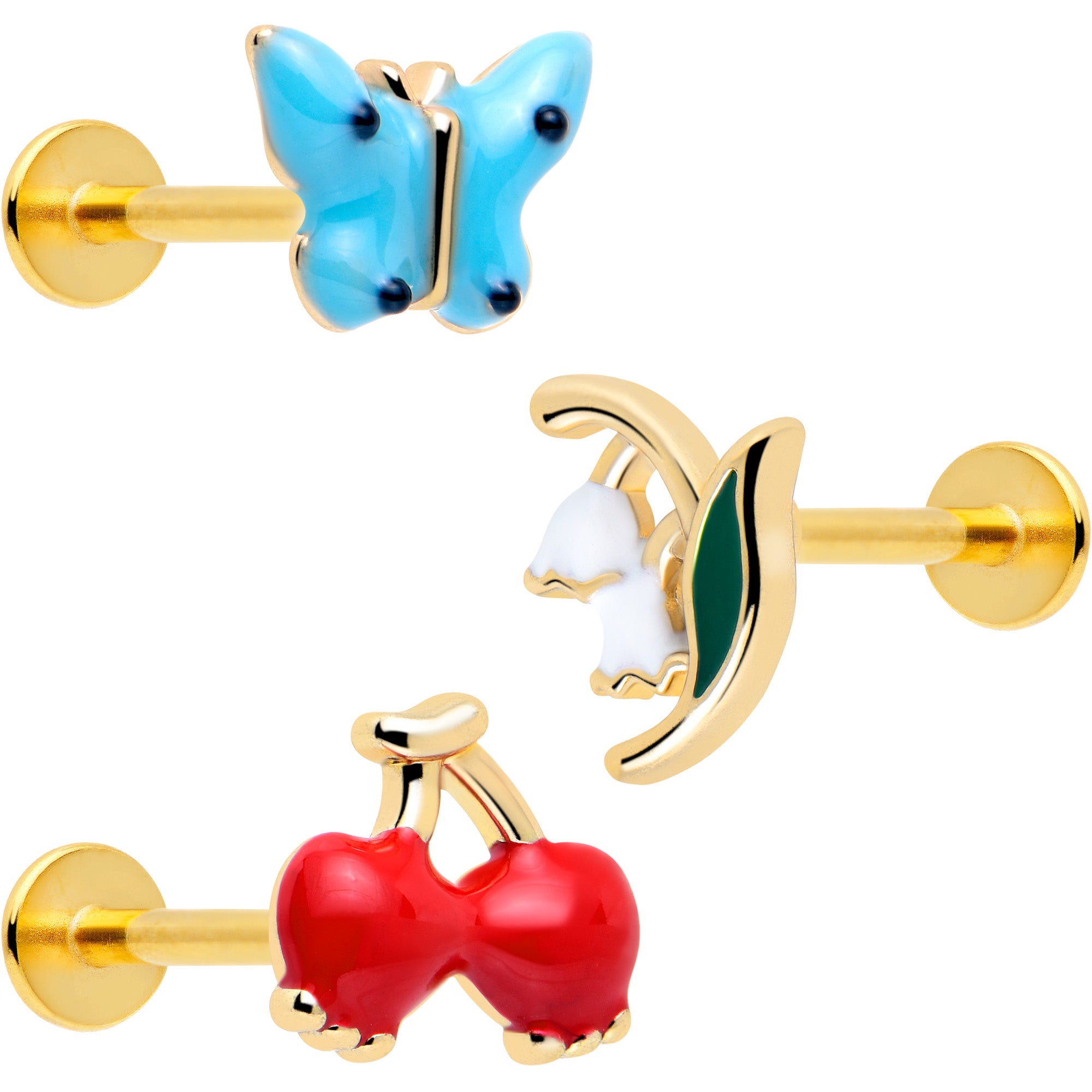 16 Gauge 5/16 Gold Tone Cherry Flower Labret Monroe Tragus Set of 3