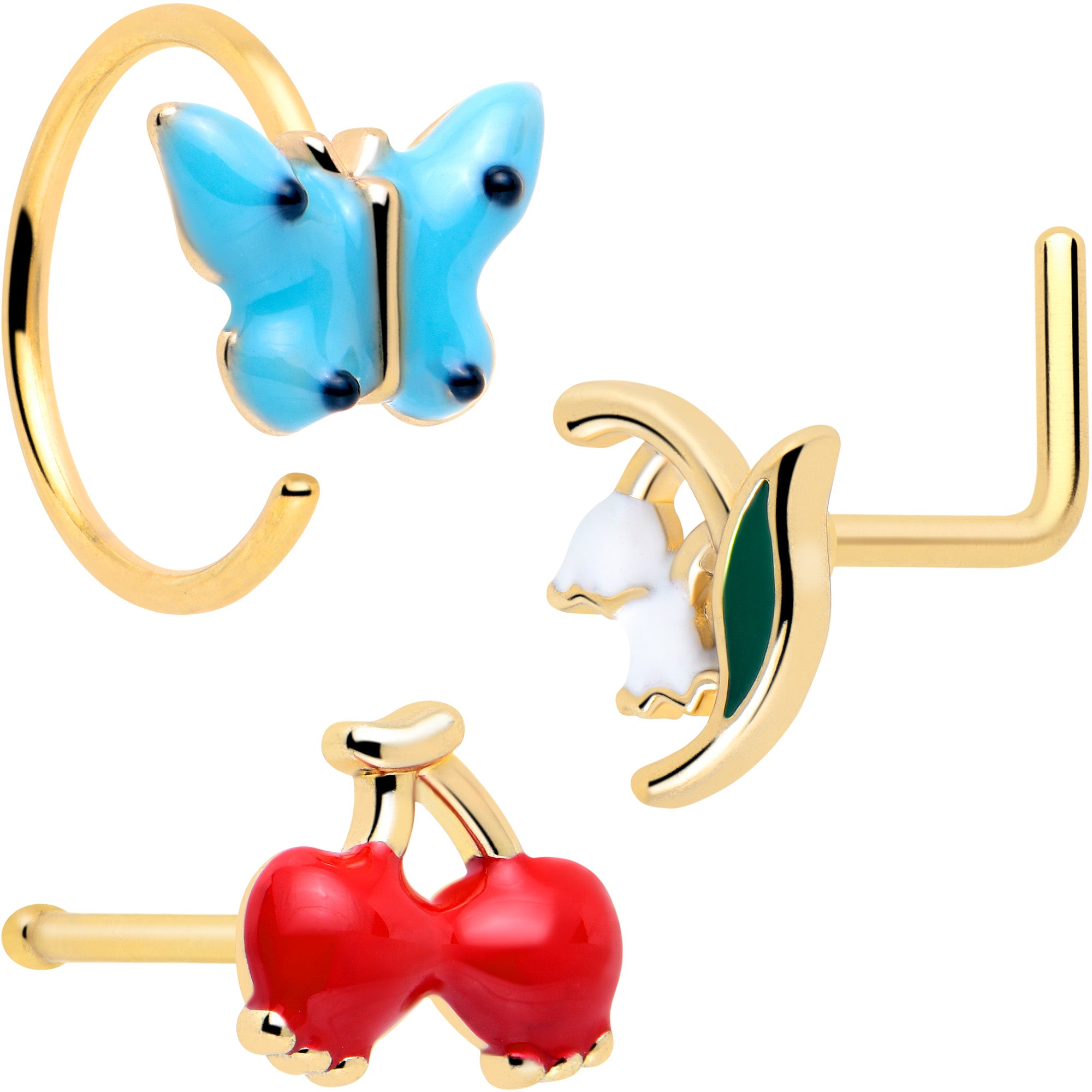 20 gauge gold tone cherry flower L shape nose hoop set of 3