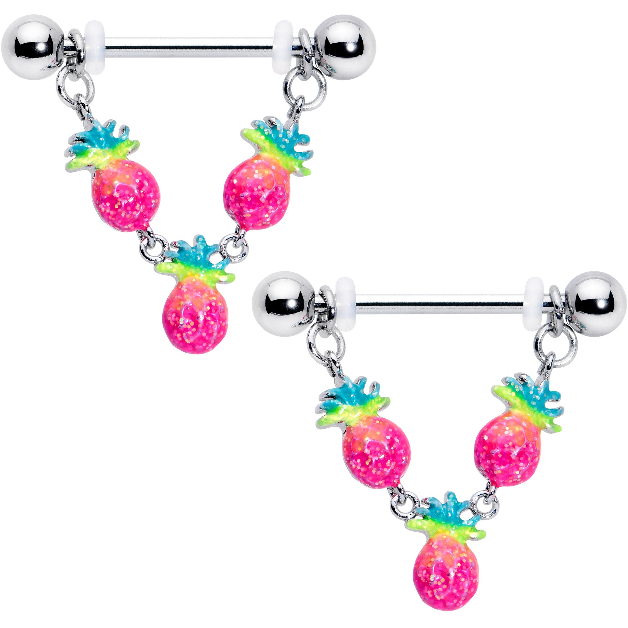 14G 9/16 Hot Tropical Pineapple Dangle Barbell Nipple Ring Set