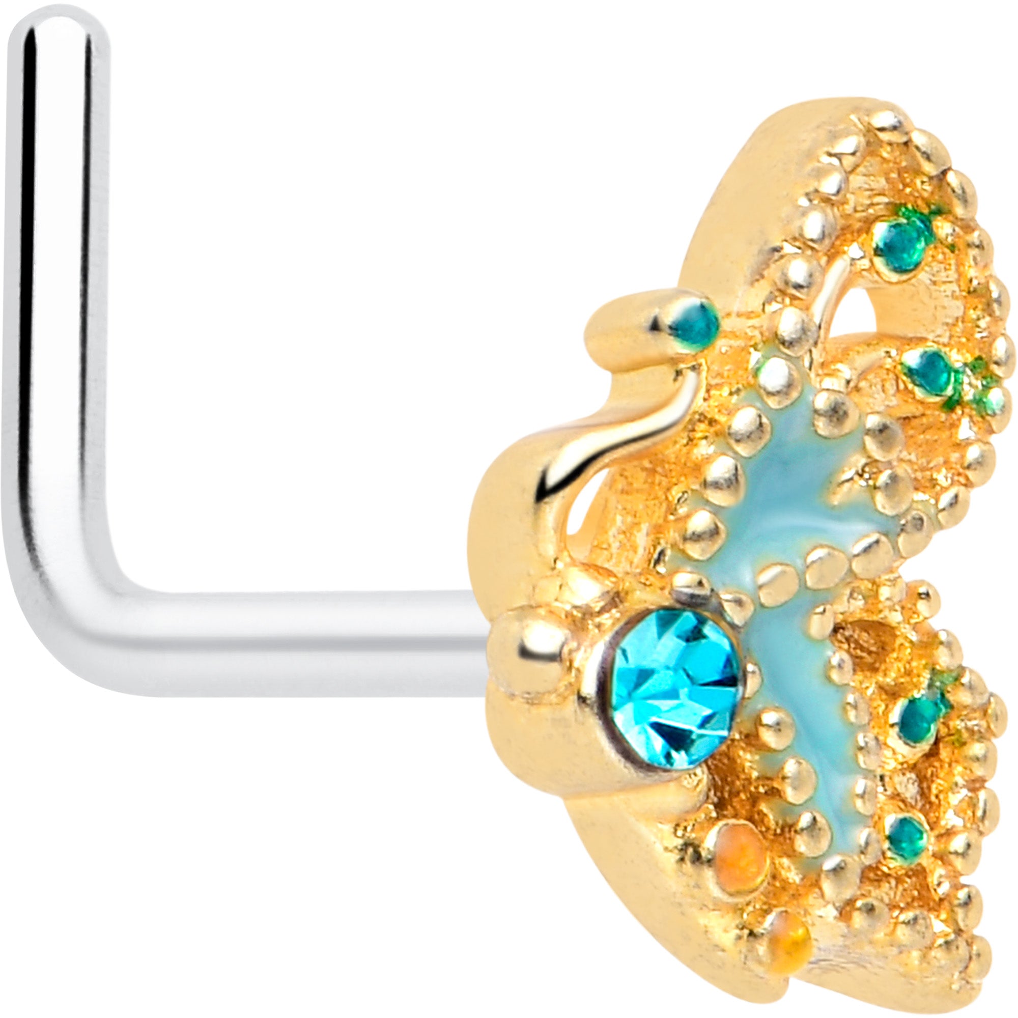 20 Gauge 7mm Blue Gem Ribbon Butterfly L Shape Nose Ring