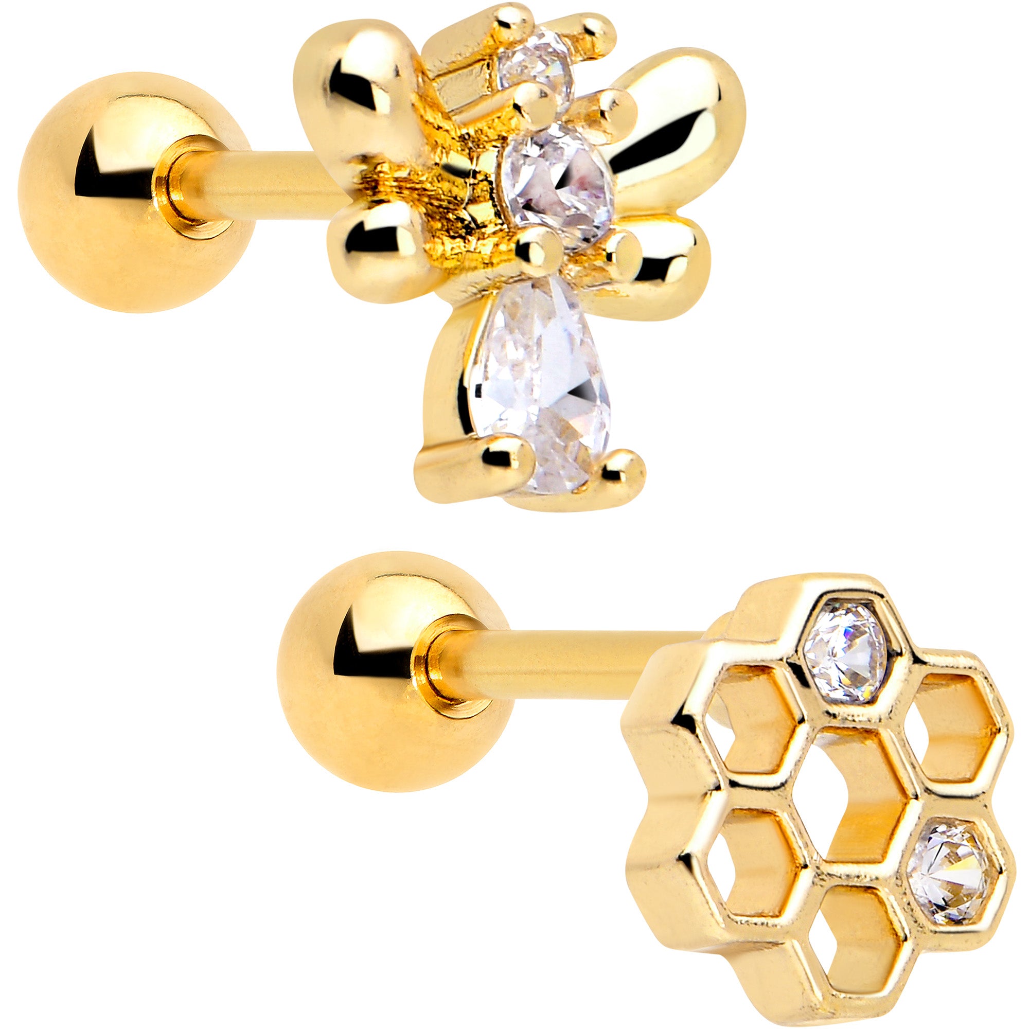 16 Gauge Clear CZ Gem Gold Tone Bee Hive Luv Cartilage Earring Set of 2