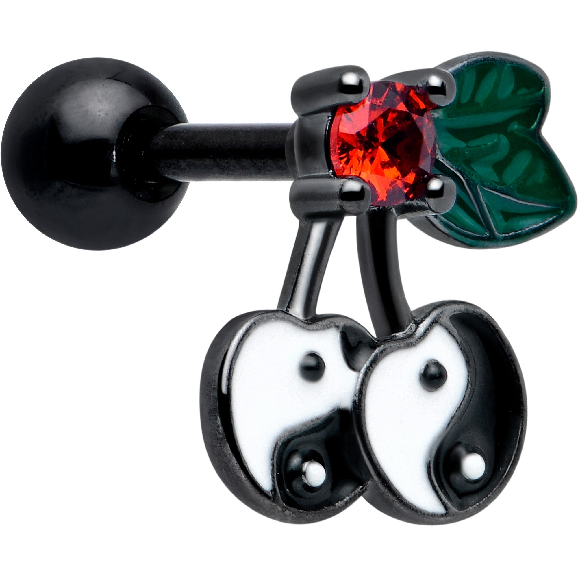 16 Gauge 1/4 Red CZ Gem Black Yin Yang Cherry Cartilage Tragus Earring