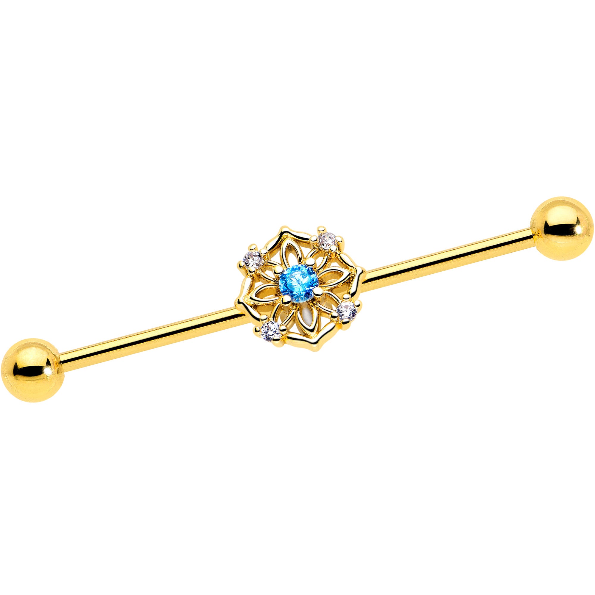 14 Gauge Blue CZ Gem Gold Tone Flower Ring Industrial Barbell 38mm