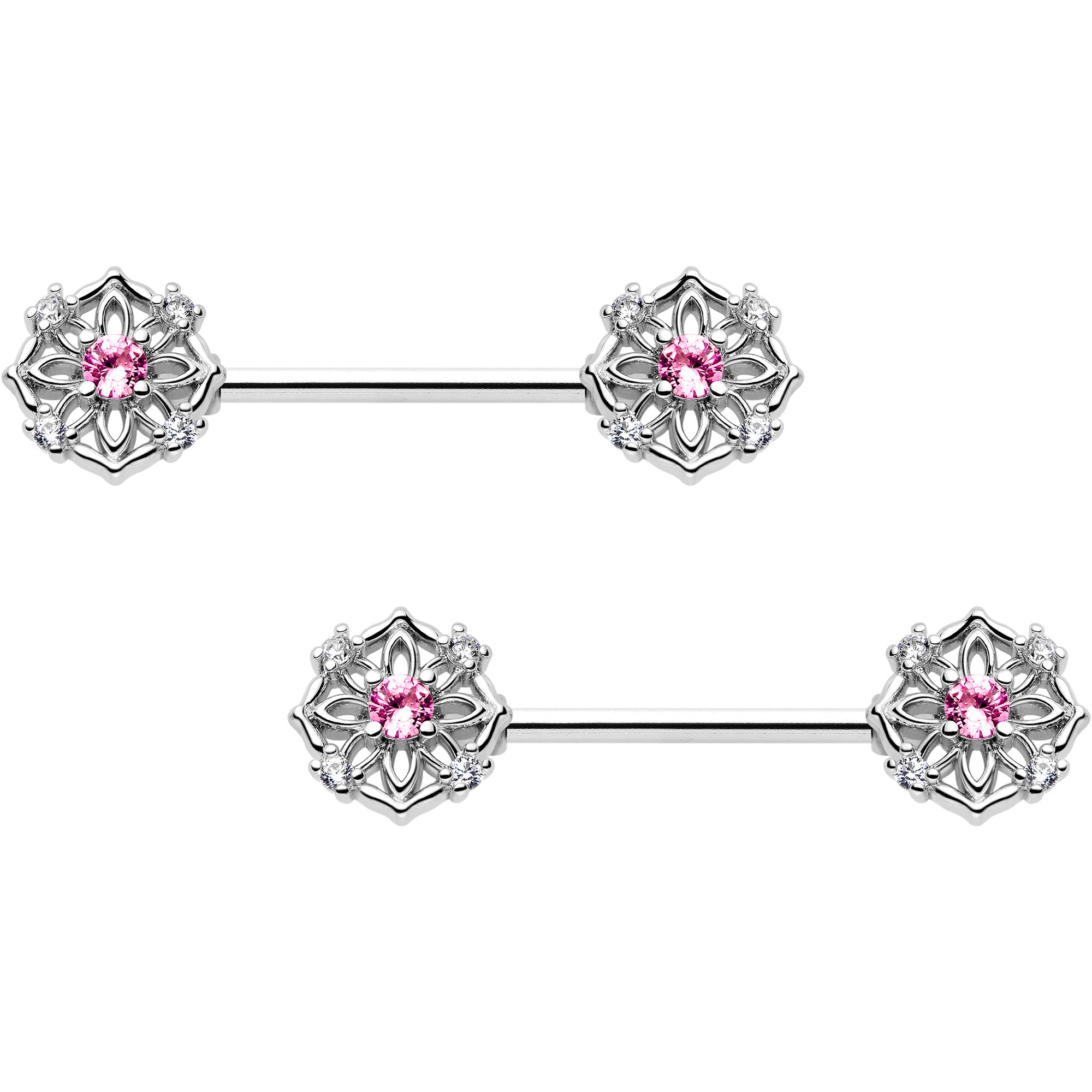 14G pink cz gem flower circle nipple ring