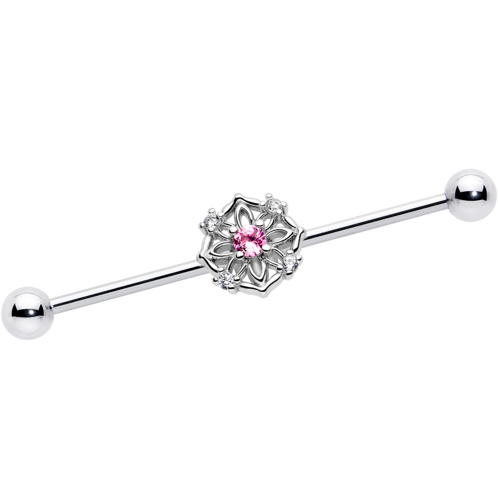 14 Gauge Pink CZ Gem Flower Circle Industrial Barbell 38mm