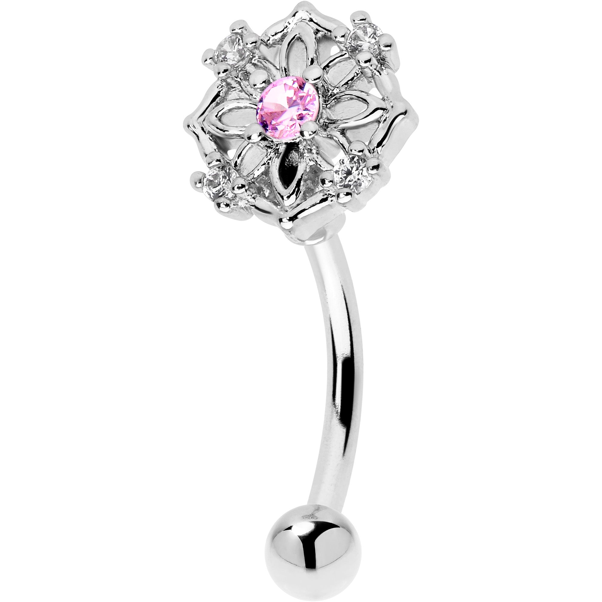 16 Gauge 5/16 Pink CZ Gem Flower Circle Eyebrow Ring