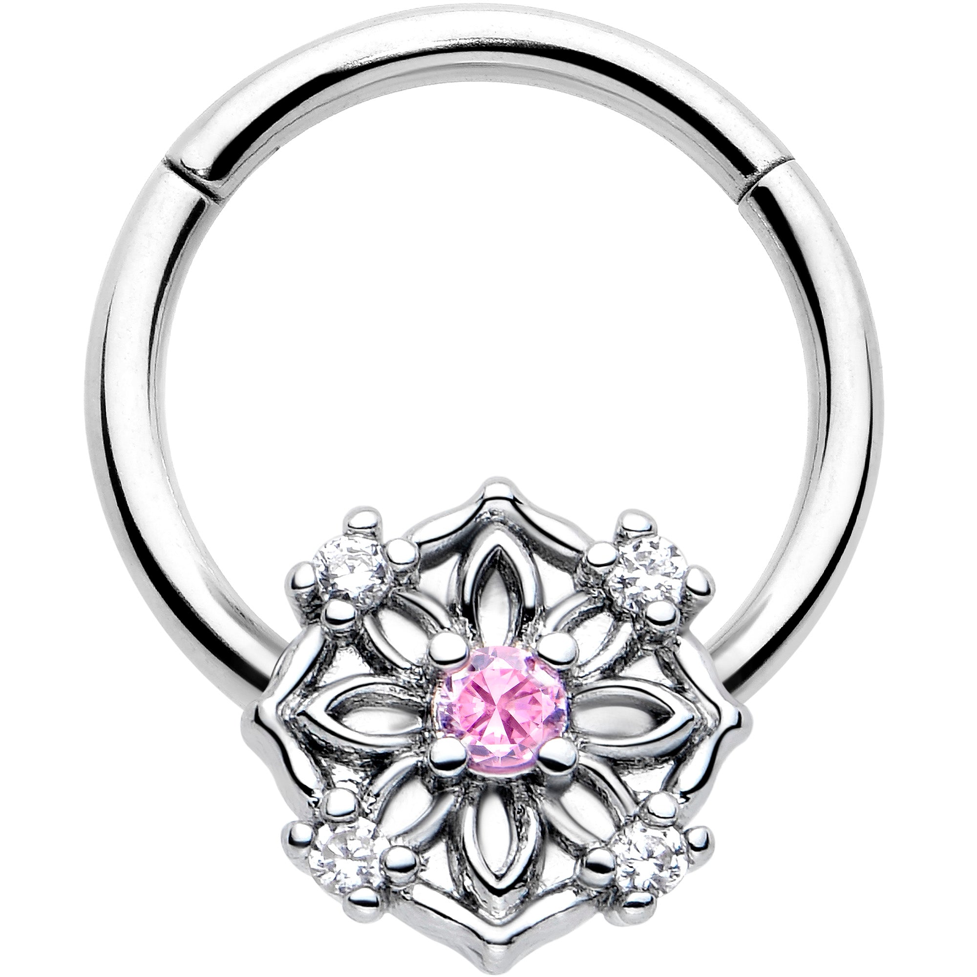 16 Gauge 3/8 Pink CZ Gem Flower Circle Hinged Segment Ring