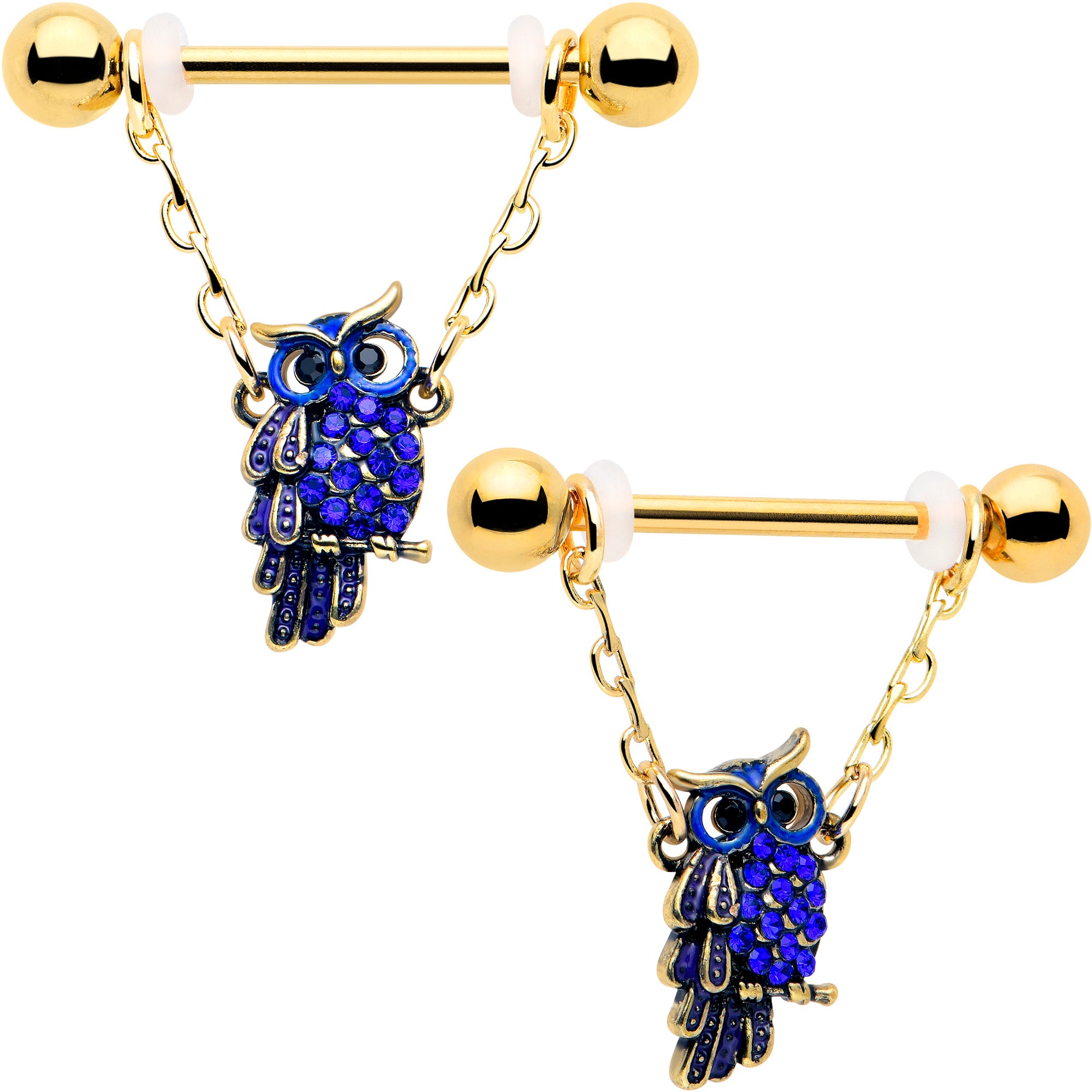 14 Gauge 9/16 Blue Gem Gold Tone Sky Owl Chain Dangle Nipple Rings