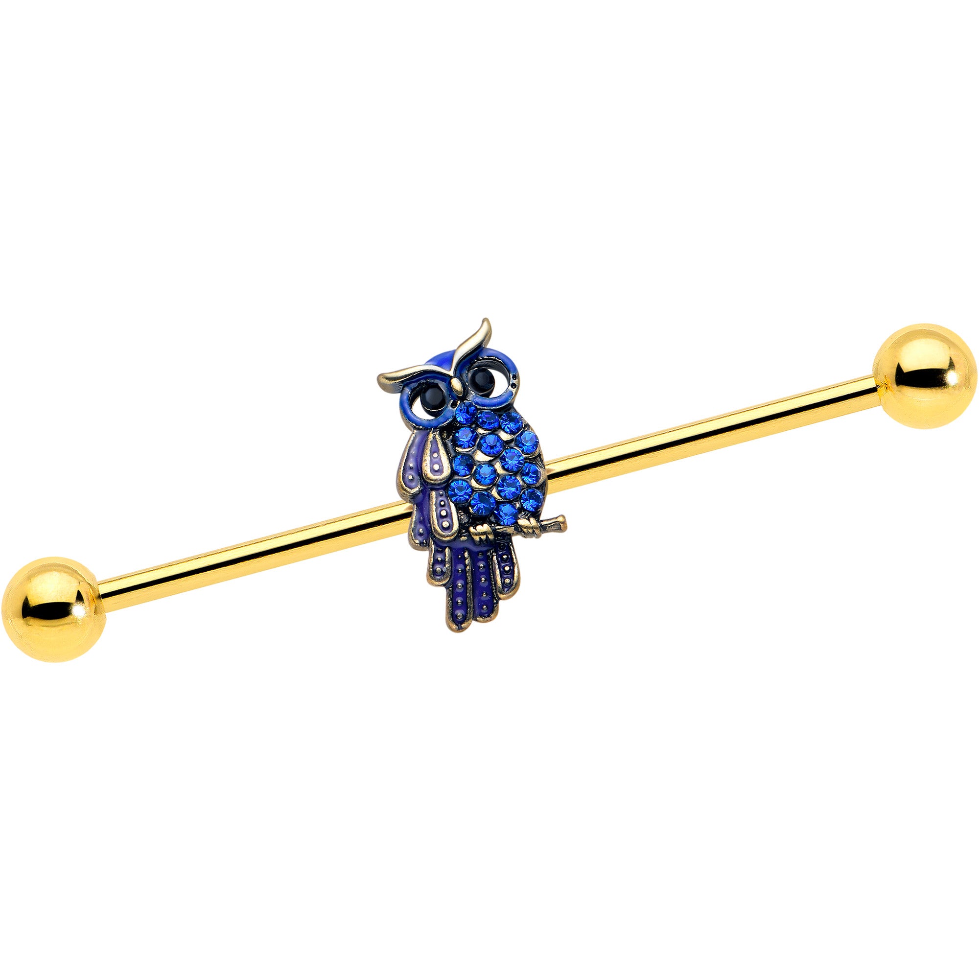 14 Gauge Blue Gem Gold Tone Sky Owl Industrial Barbell
