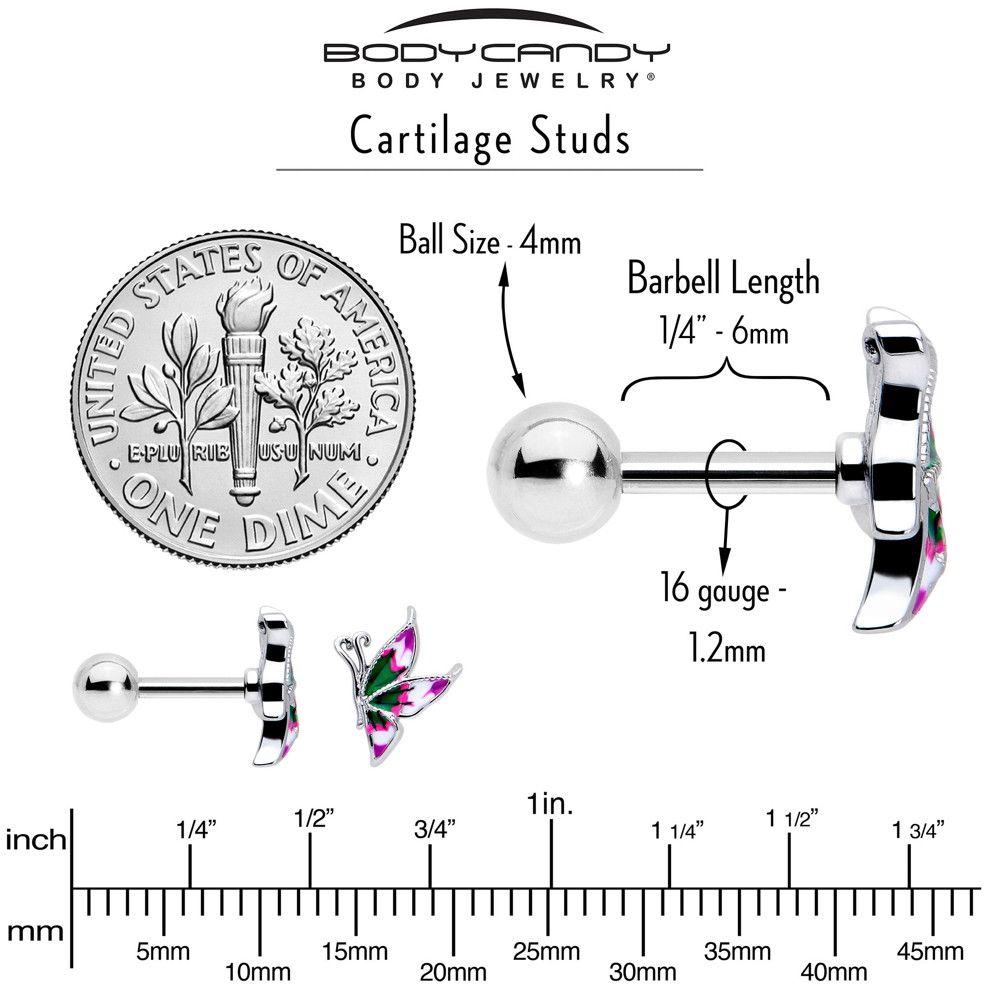 Butterfly Tragus Earring 16 Gauge 1/4 Profile