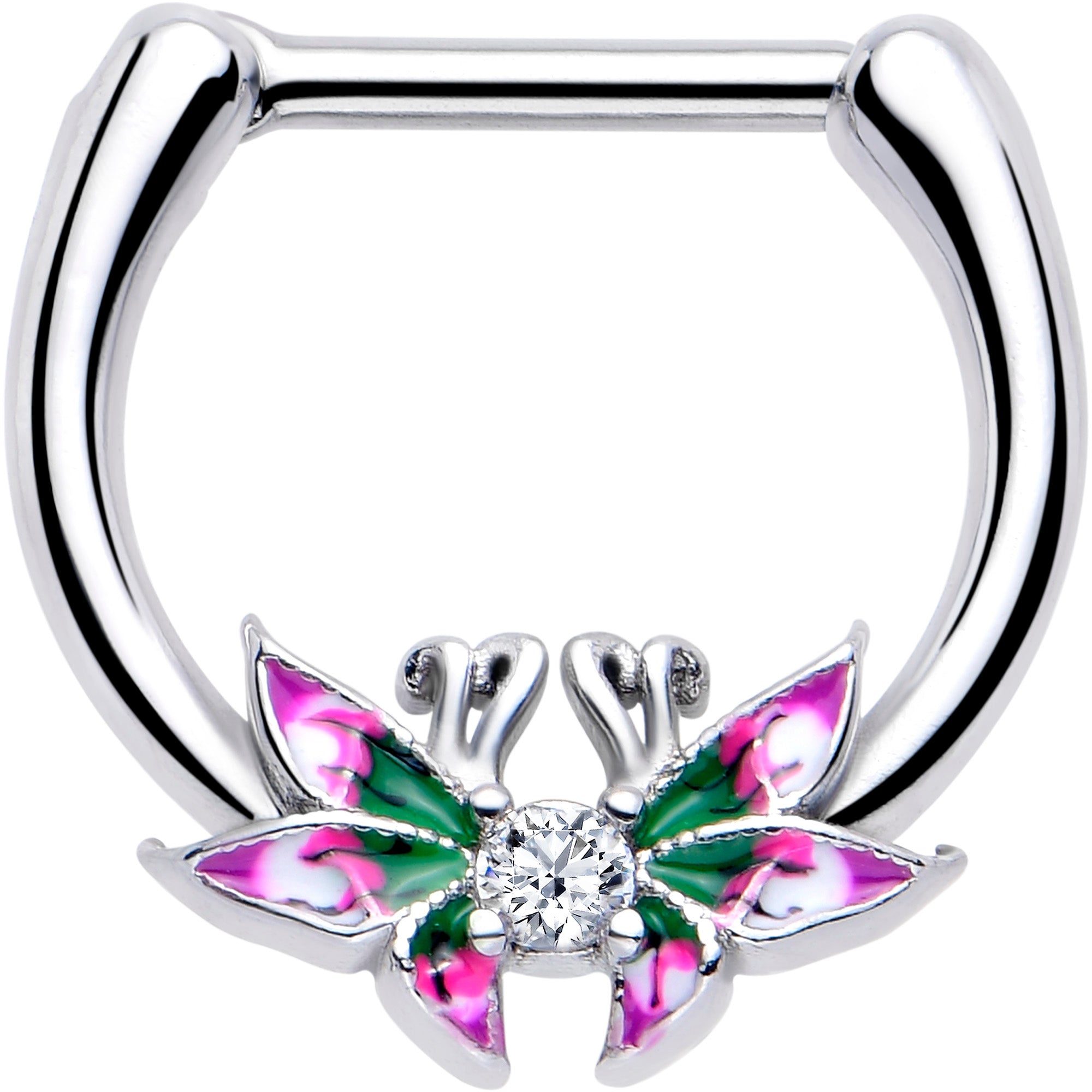 16 Gauge 5/16 Clear CZ Gem Profile Butterflies Cartilage Clicker