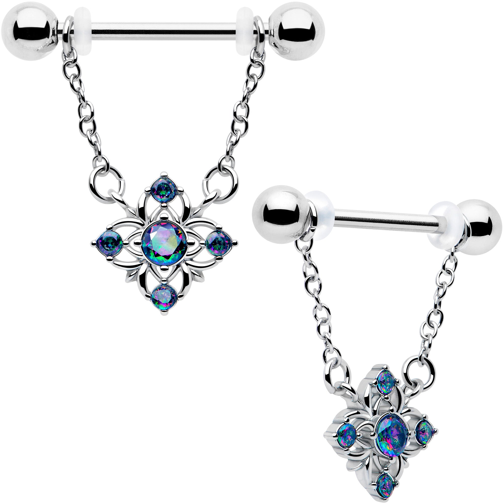 14G vitrail cz beauty cross chain dangle nipple ring set