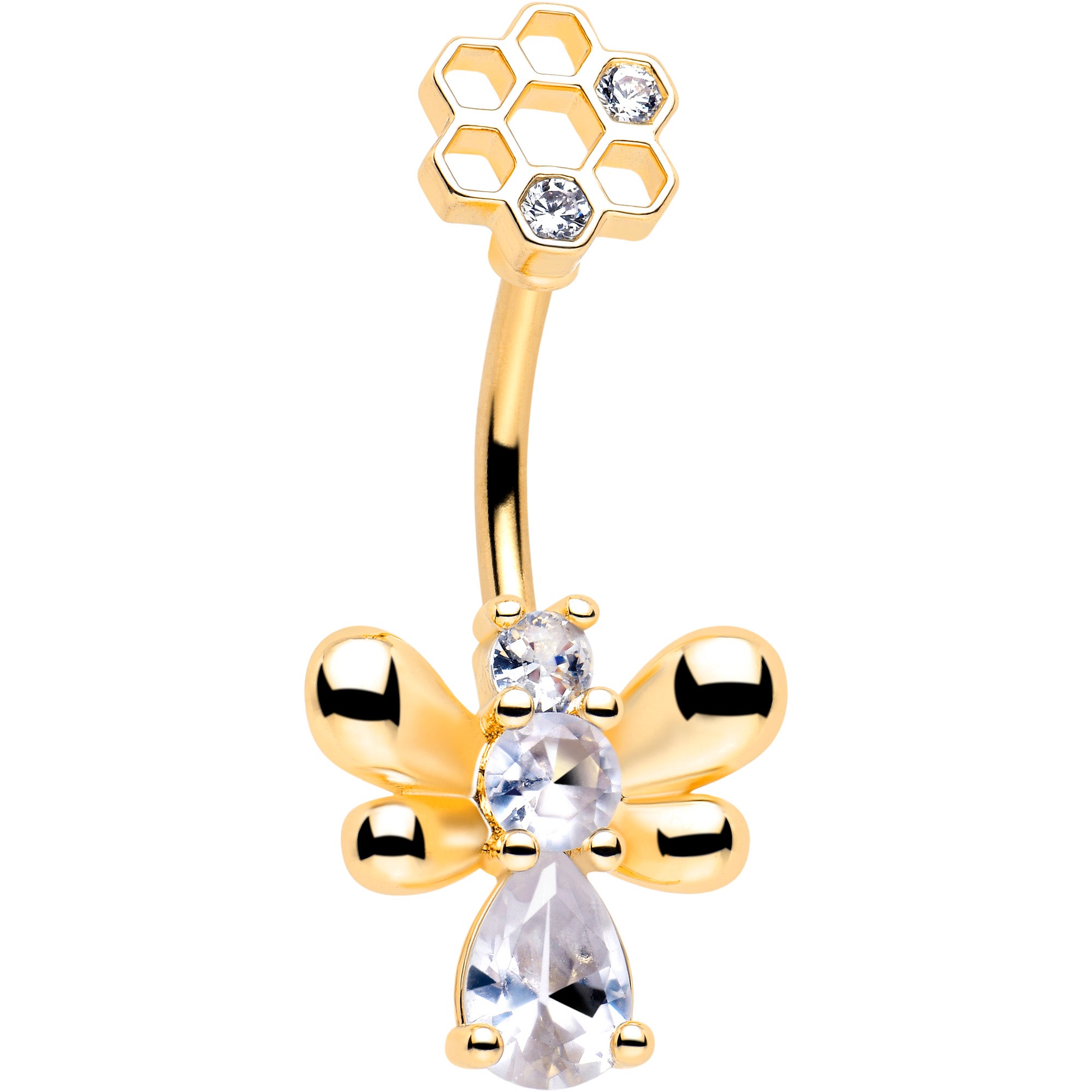 Clear CZ Gem Gold Tone Bee Hive Belly Ring