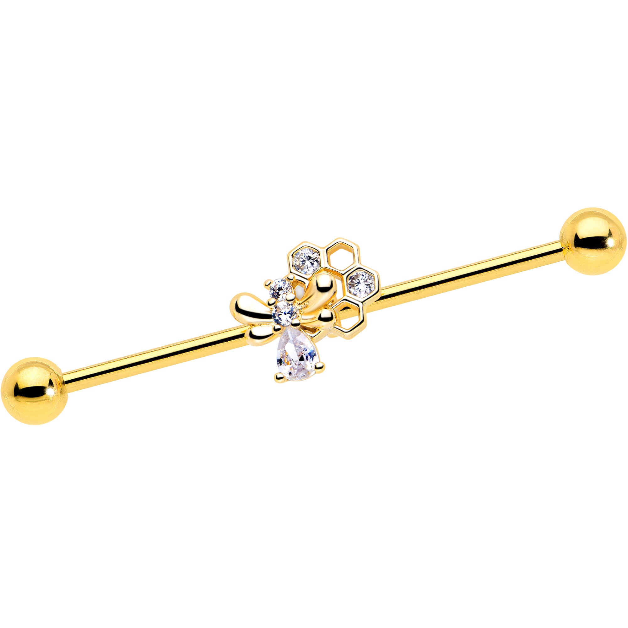 14 Gauge Clear CZ Gem Gold Tone Bee Hive Industrial Barbell